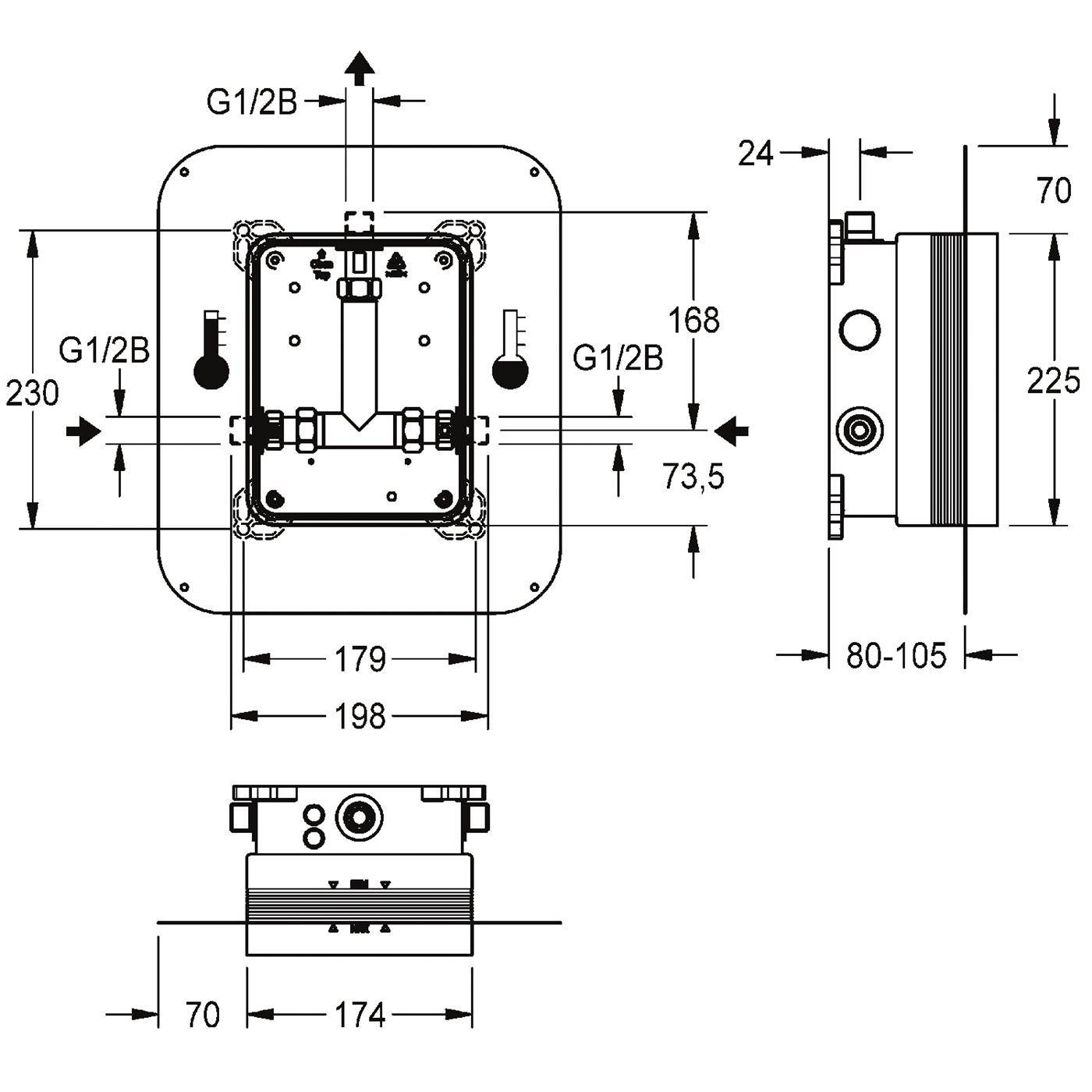 Technische Maßzeichnung eines wandmontierten quadratischen Geräts mit Vorder- und Seitenansichten, die G1/2B-Anschlüsse und Maße in Millimetern zeigen.