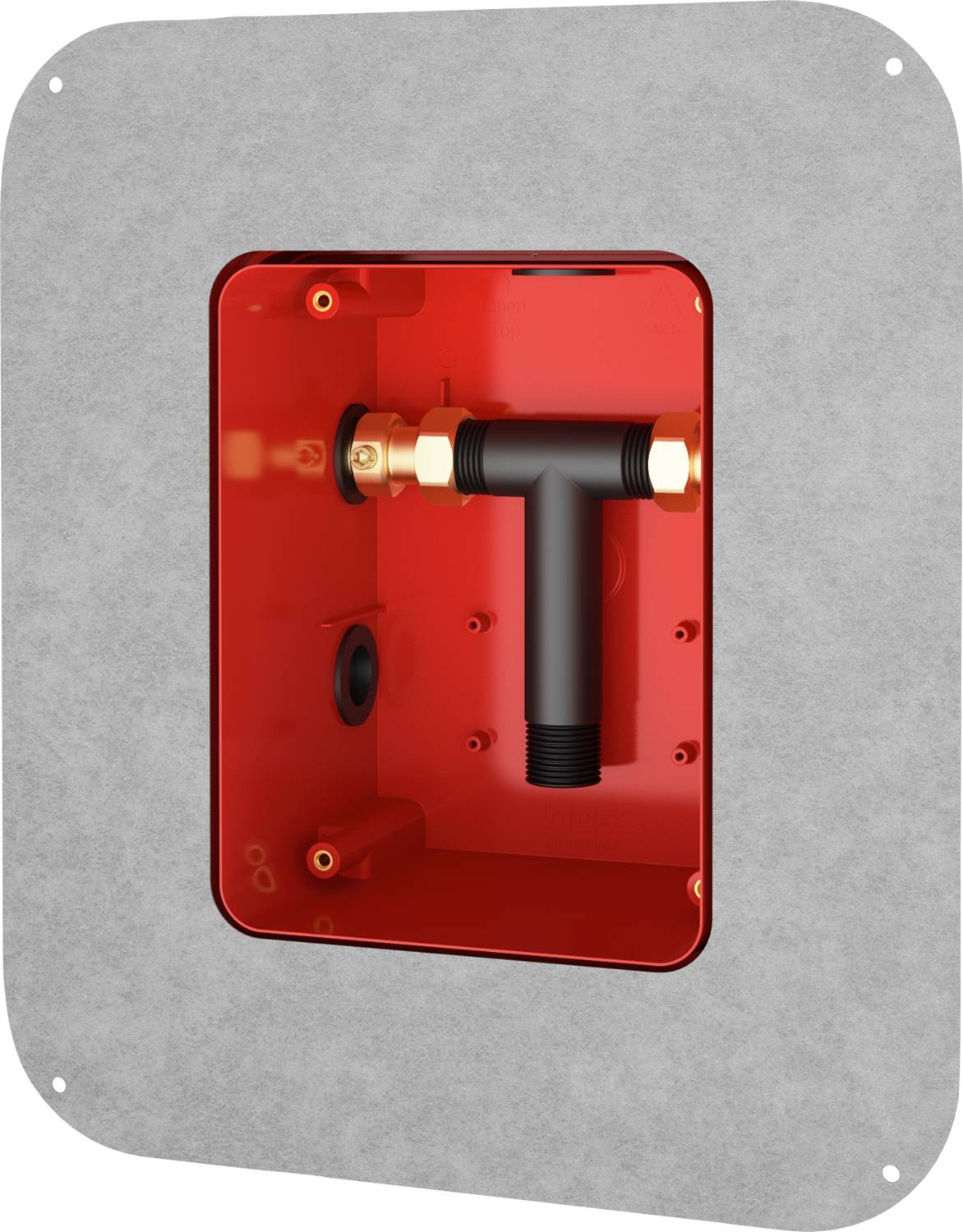 Eine rote, an der Wand montierte Klempnerbox mit einem schwarzen T-förmigen Verbinder und Messingfittings im Inneren, vor einem grauen Hintergrund.