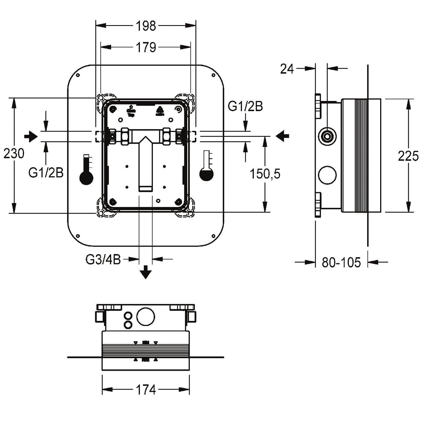 Technische Maßzeichnung einer wandmontierten Armatur mit Vorder-, Seiten- und Bodenansicht, gekennzeichnete Abmessungen in mm und Rohranschlüsse G1/2B und G3/4B.
