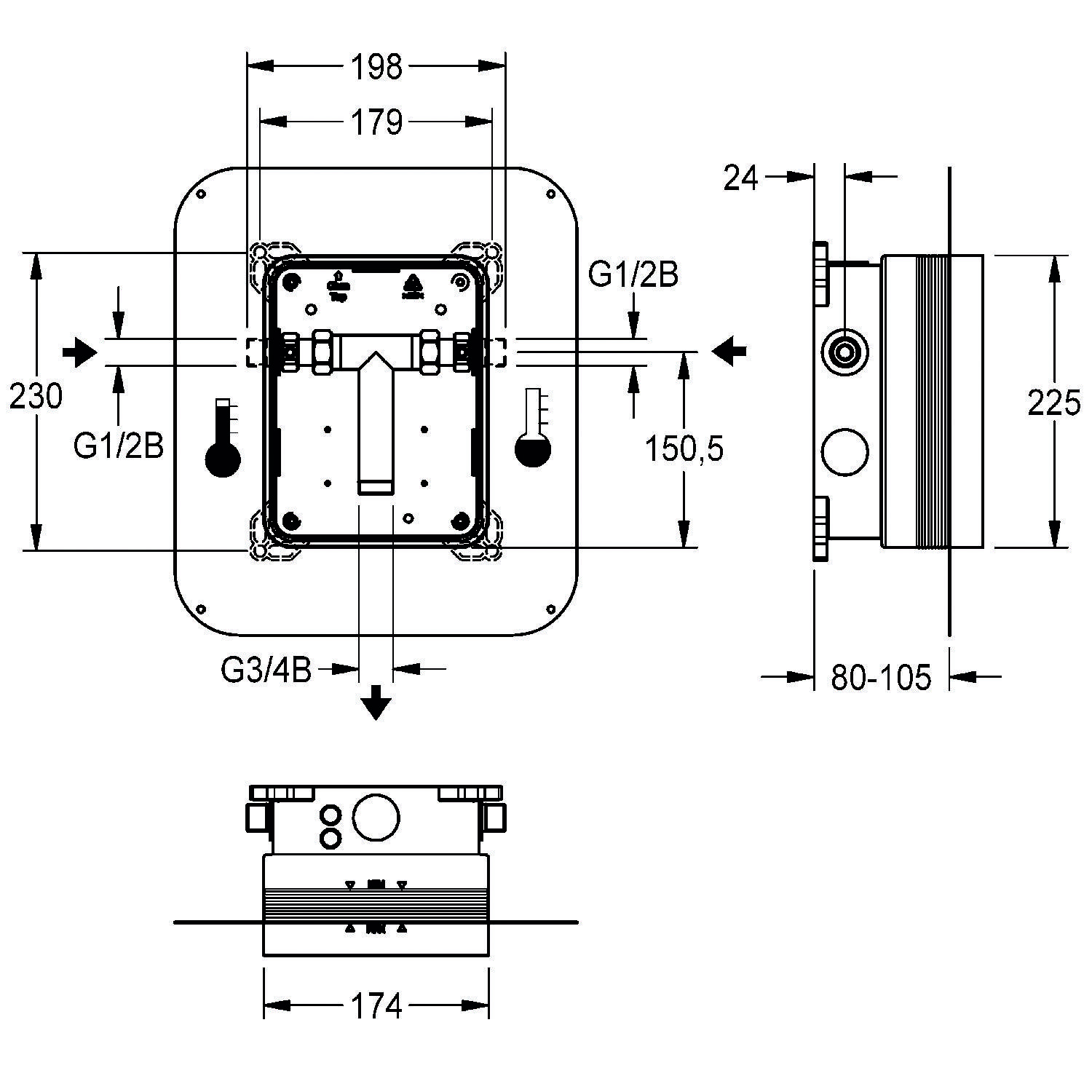 Technische Zeichnung eines rechteckigen Geräts mit verschiedenen markierten Abmessungen, einschließlich Länge 198 mm, Breite 230 mm und Tiefe 24 mm.