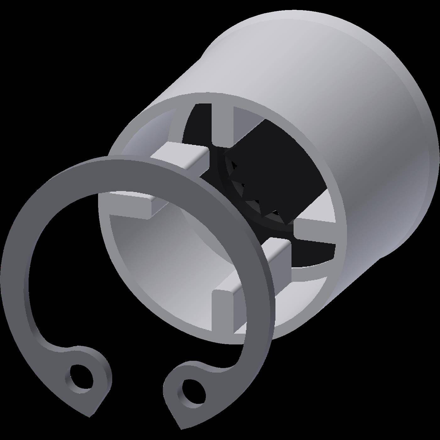 3D-Darstellung einer zylindrischen mechanischen Komponente mit einem offenen vorderen Ring und internen Laschen, gezeigt vor schwarzem Hintergrund.