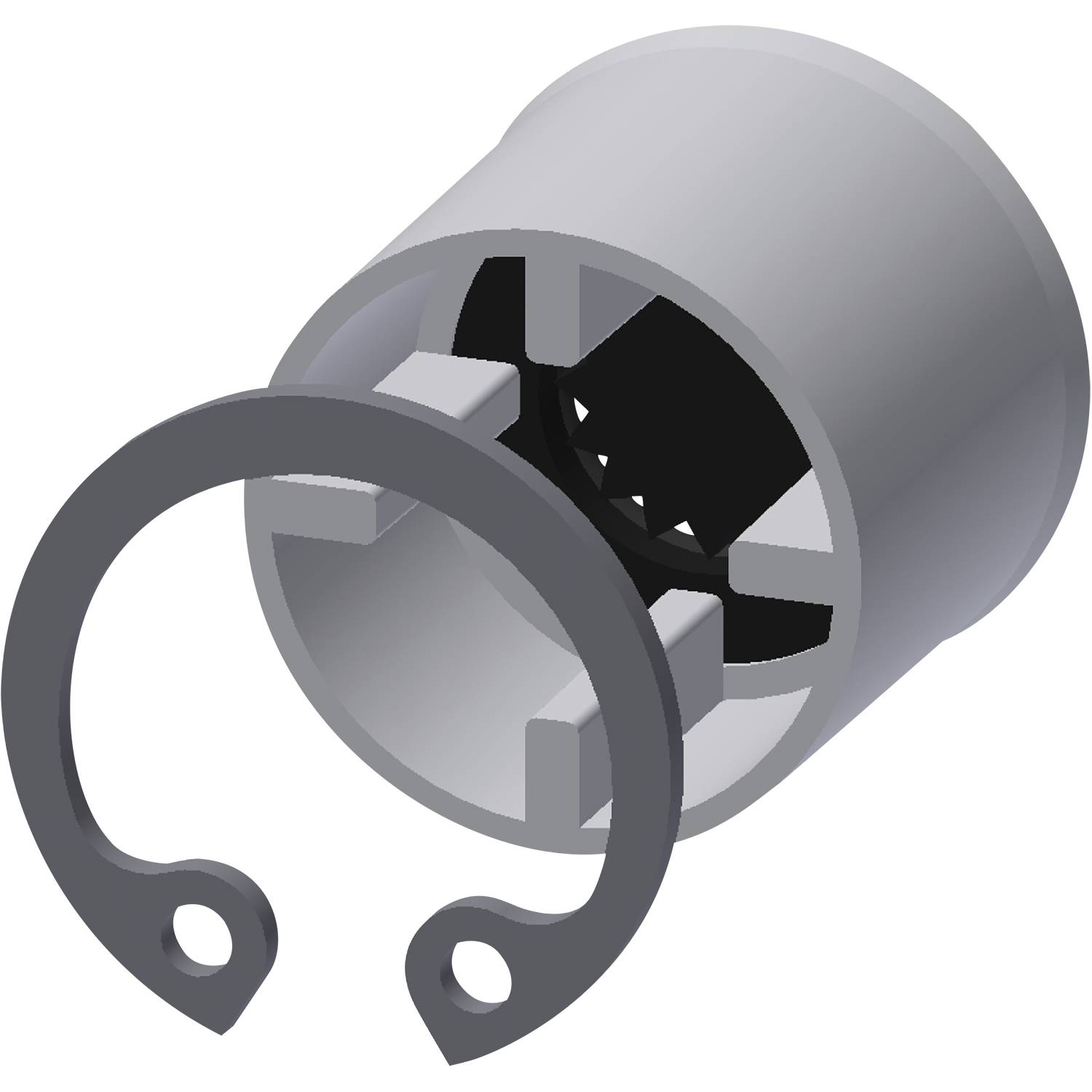 Eine zylindrische mechanische Komponente mit einem Innengetriebe und einem abgenommenen Sicherungsring vorne, möglicherweise zur Sicherung oder Montage verwendet.