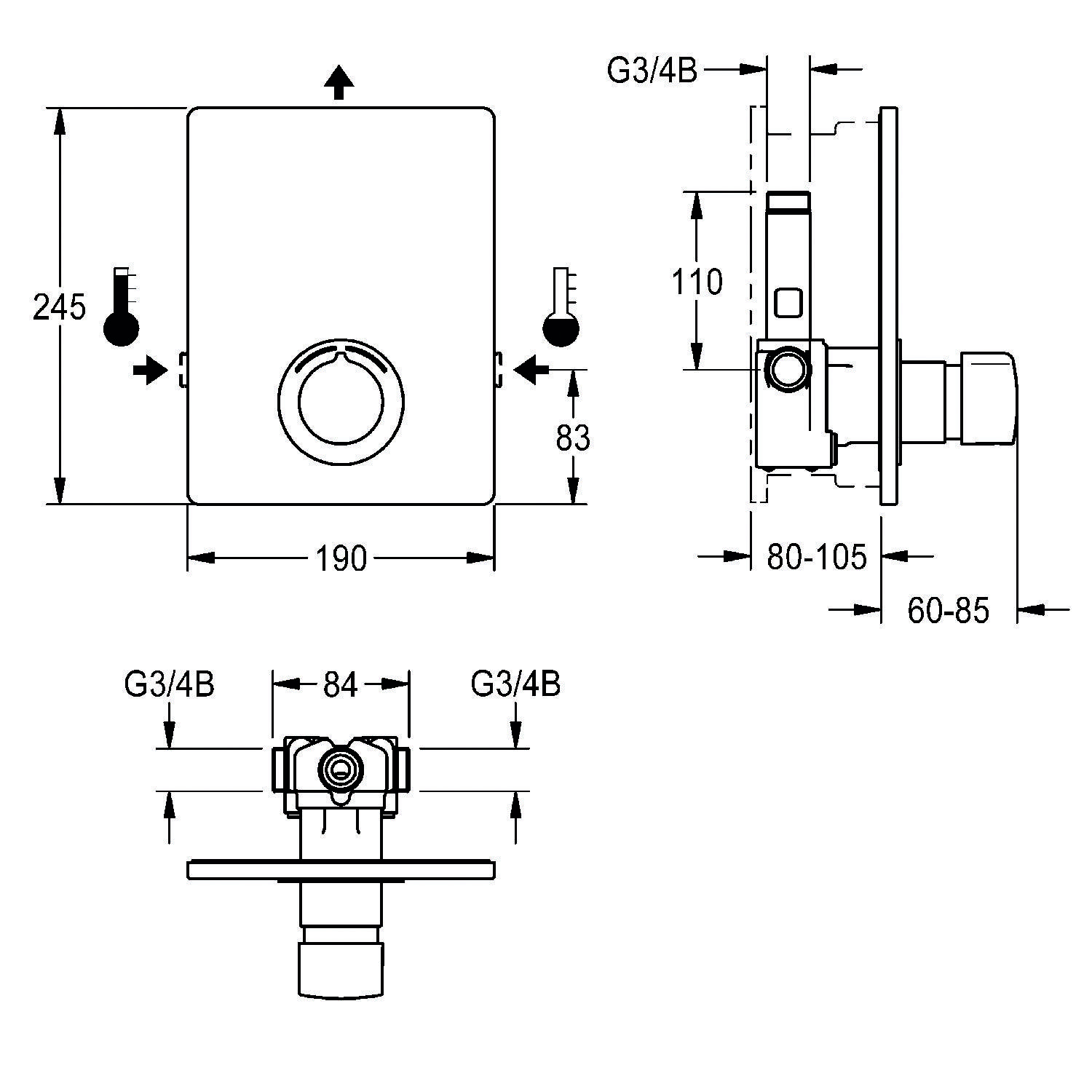 Technische Zeichnung eines wandmontiertes Duschventils mit Abmessungen: 245x190mm Frontansicht, 80-105mm Tiefe, seitliche Wasseranschlüsse gekennzeichnet mit G3/4B.