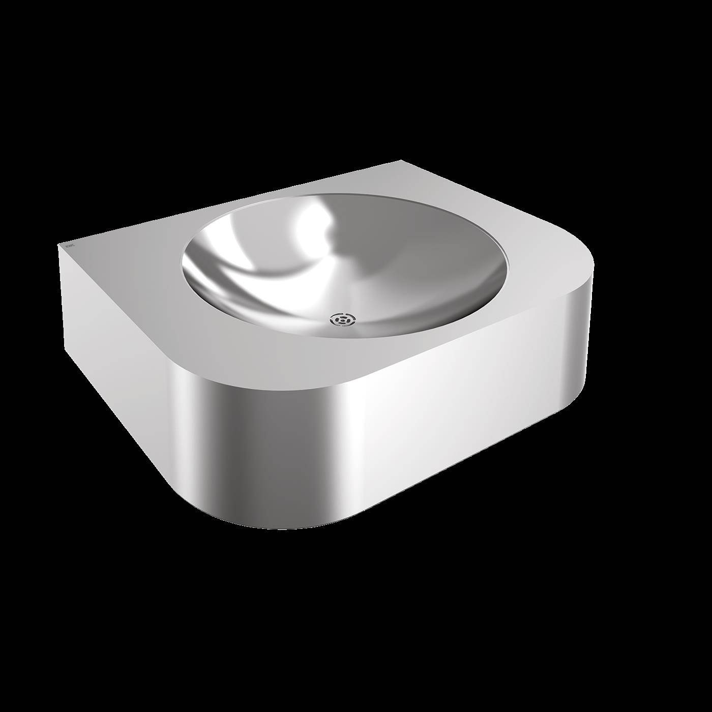 Silber, wandmontierter Trinkbrunnen mit abgerundeter rechteckiger Basis und flachem kreisförmigem Becken oben.