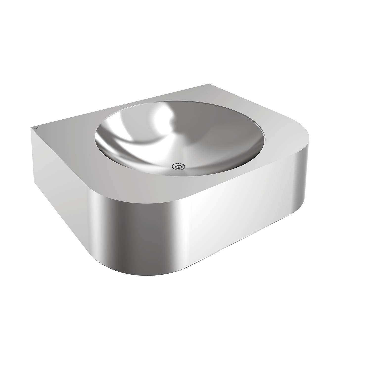 Ein moderner, minimalistischer Metallwaschbecken mit abgerundeter Form, vor einem schwarzen Hintergrund.