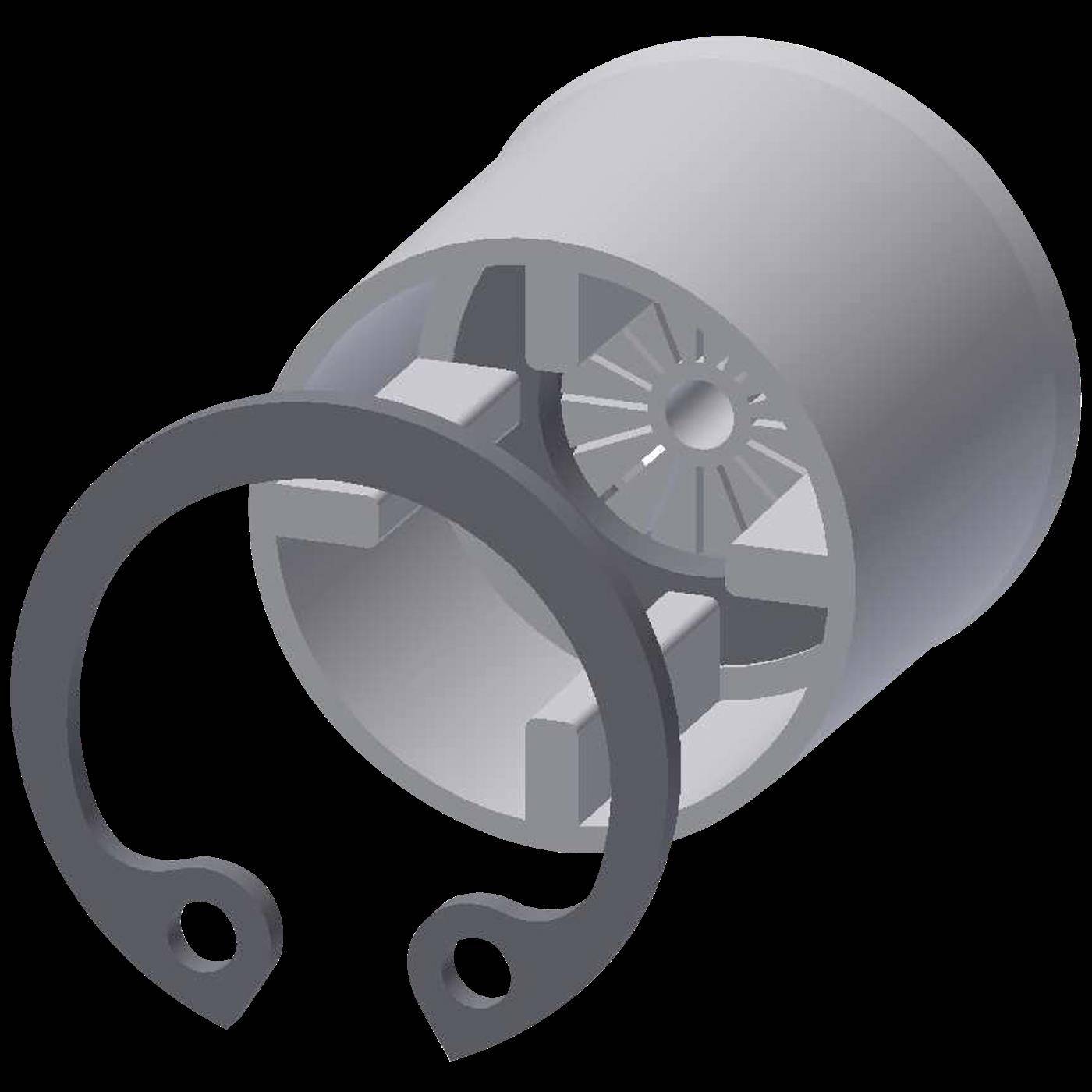 3D-Illustration eines Schnappring-Sicherungsrings, der teilweise aus einem zylindrischen Gehäuse entfernt ist, mit Ansicht des Haltemechanismus des Rings im Inneren.