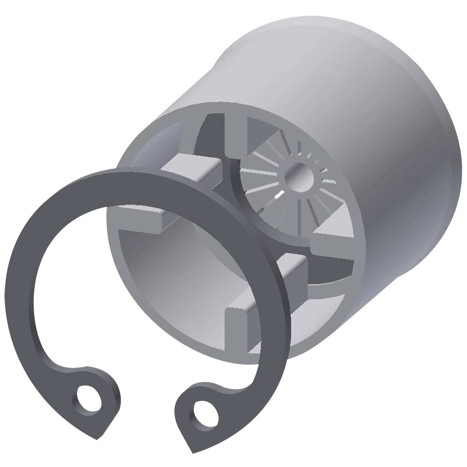 Eine 3D-Darstellung eines zylindrischen mechanischen Bauteils mit innenliegenden zahnradähnlichen Strukturen und einem abnehmbaren kreisförmigen Clip vor schwarzem Hintergrund.