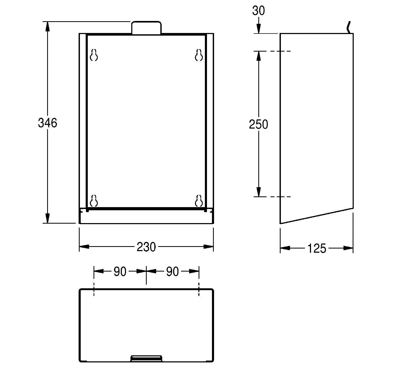 Eine technische Zeichnung einer rechteckigen Box mit Abmessungen: Höhe 346 mm, Breite 230 mm, Tiefe 125 mm und einer Innenhöhe von 250 mm.