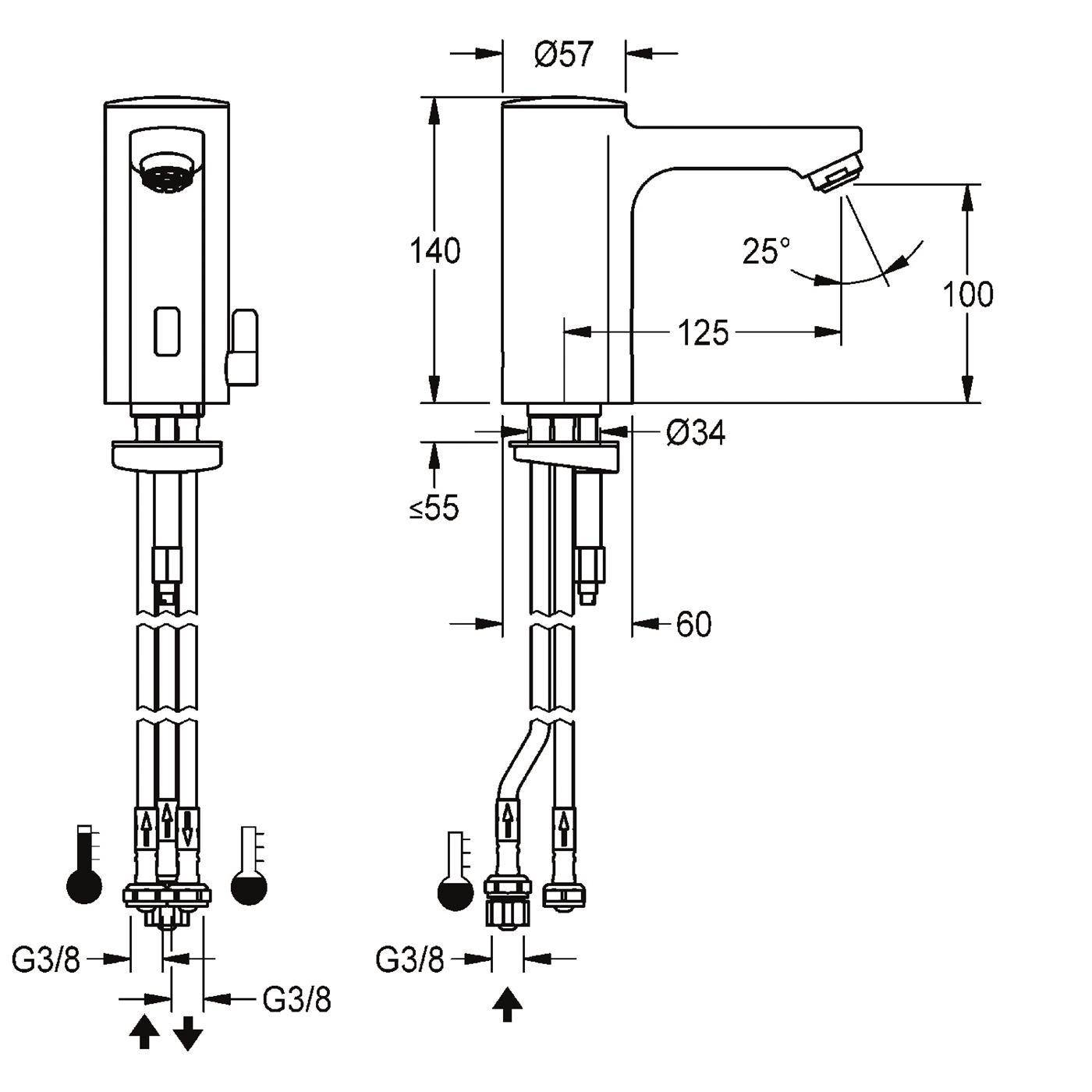 Technische Maßzeichnung eines aufgesetzten Spülarmatur, mit Vorder- und Seitenansicht mit Maßen, 25° Auslaufwinkel und G3/8 Wasseranschlüsse.