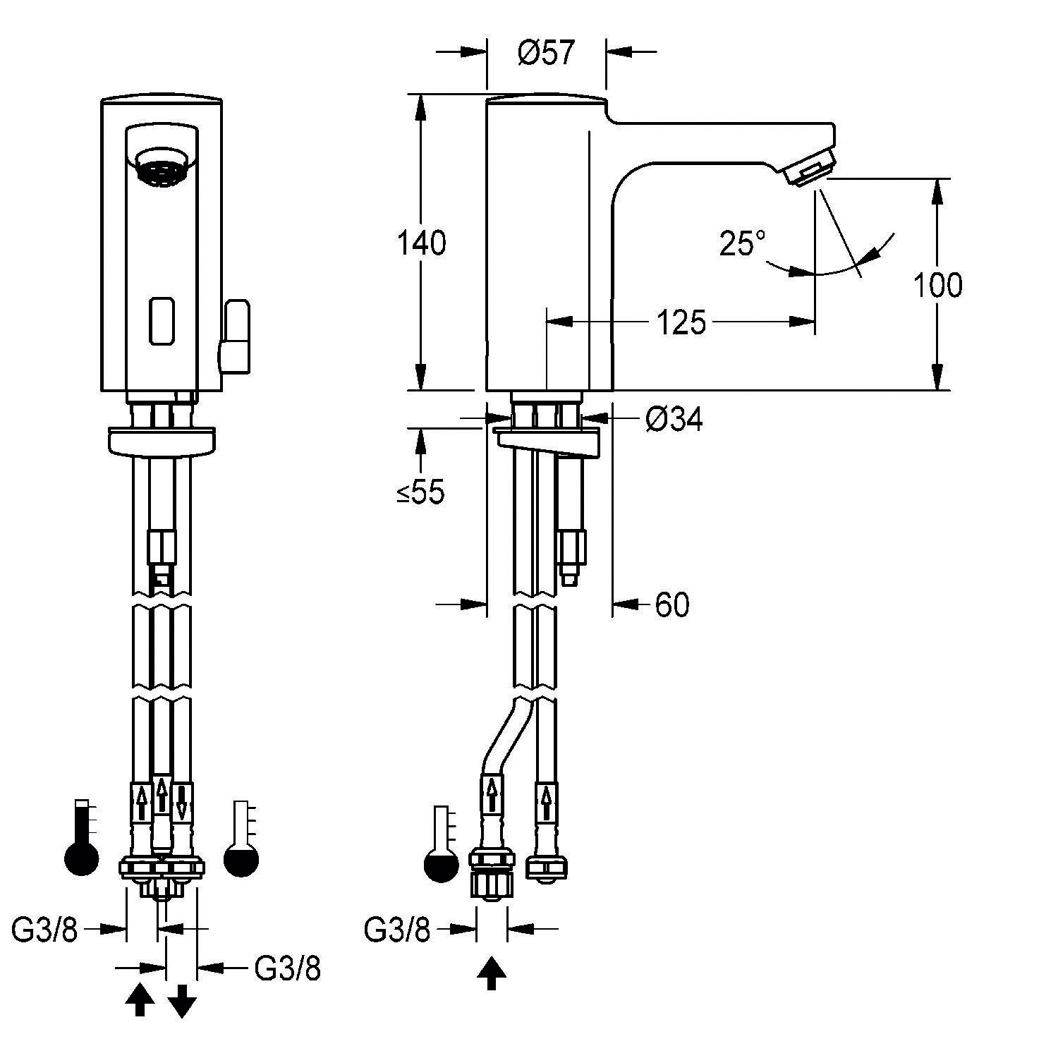 Diagramm mit technischen Spezifikationen und Abmessungen eines Wasserhahns, einschließlich Höhe, Auslaufwinkel und Rohrdurchmessern.