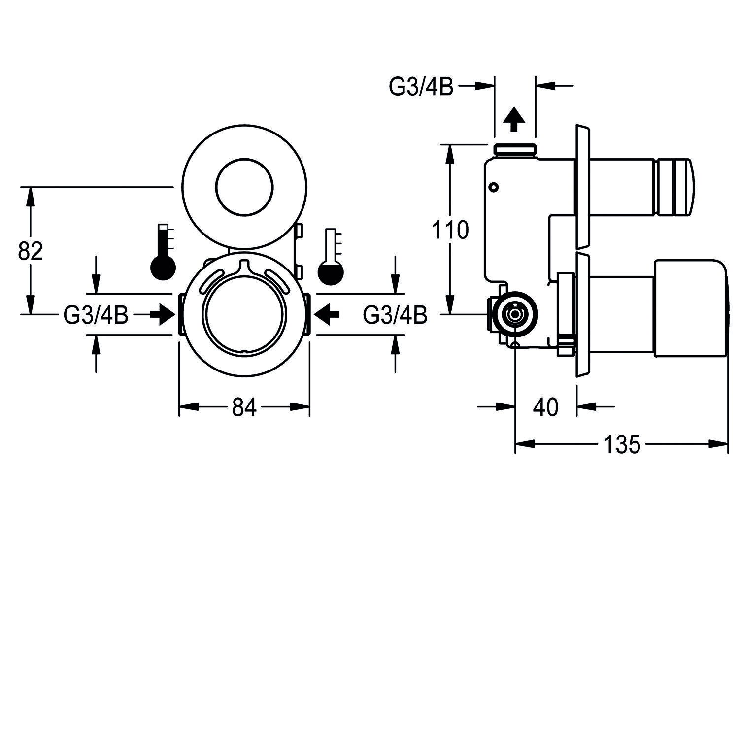 Technische Zeichnung eines Klempnerventils mit folgenden Abmessungen: Höhe 82 mm, Breite 84 mm, Tiefe 135 mm. Anschlüsse mit G3/4B gekennzeichnet.