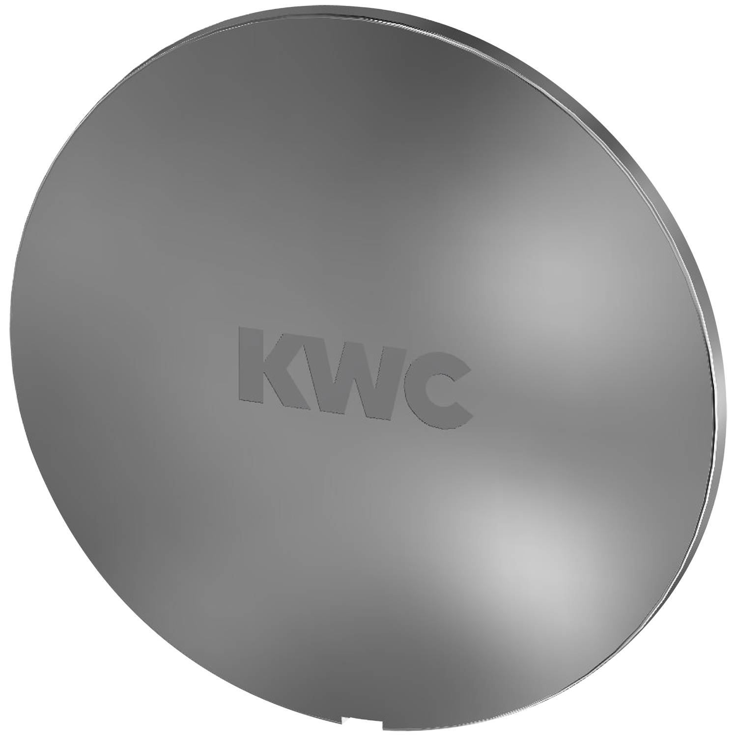 KWC'-Logo, eingeprägt auf einer glatten, runden Metalloberfläche mit reflektierender Politur.