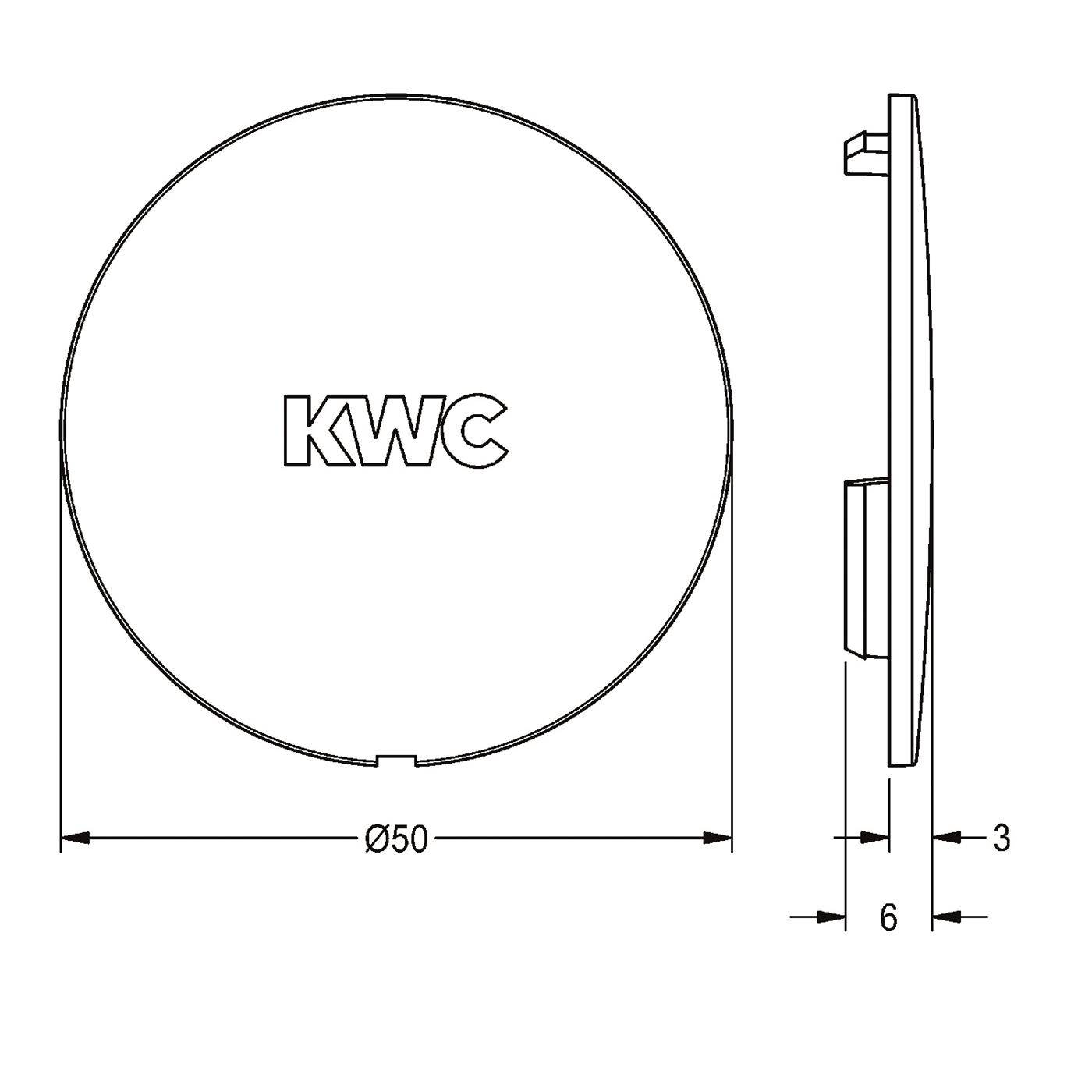 Technische Strichzeichnung eines kreisförmigen KWC-Teils, Vorder- und Seitenansicht, gekennzeichnet mit Ø50 und Dickendimensionen 6 und 3.