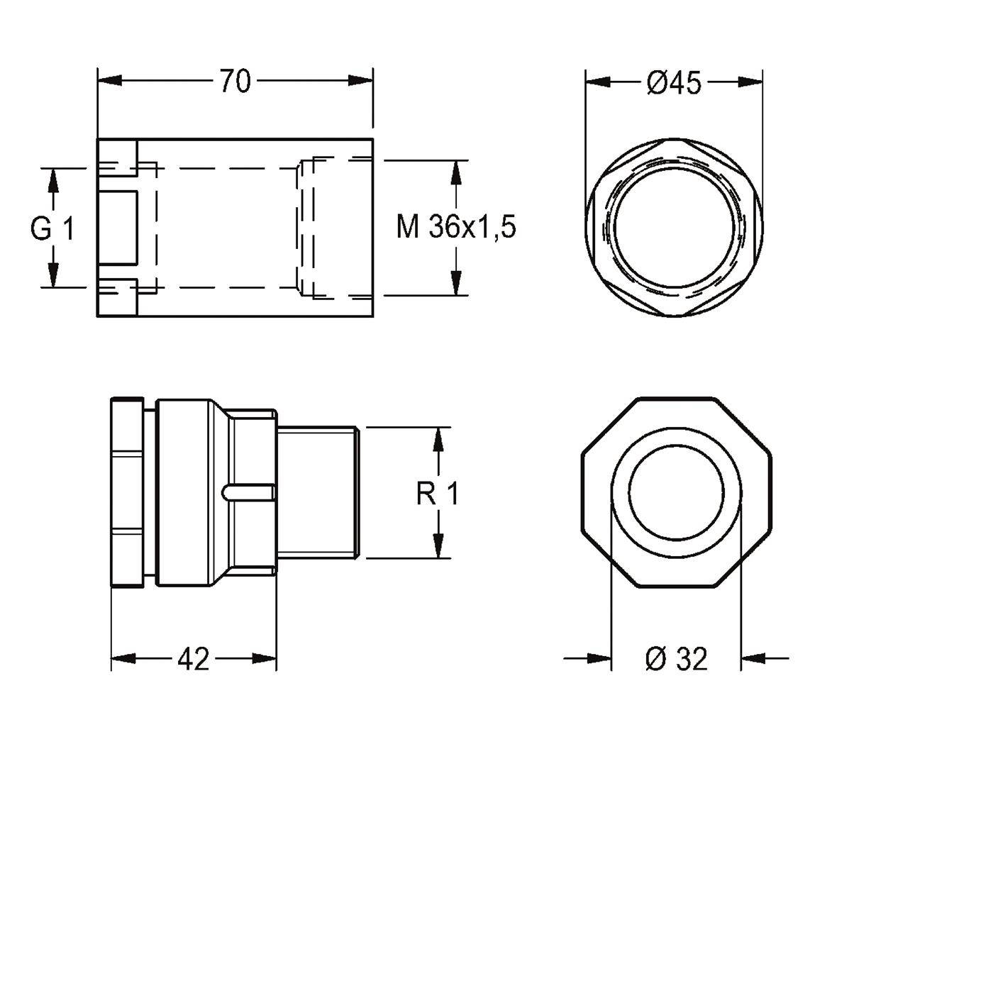 Technische Maßzeichnung einer zylindrischen Verschraubung: 70 mm Länge, G1 und M36x1,5 Gewinde, Ø45 Draufsicht, Ø32 Sechskantbasis, 42 mm Seitenlänge, R1 Detail.