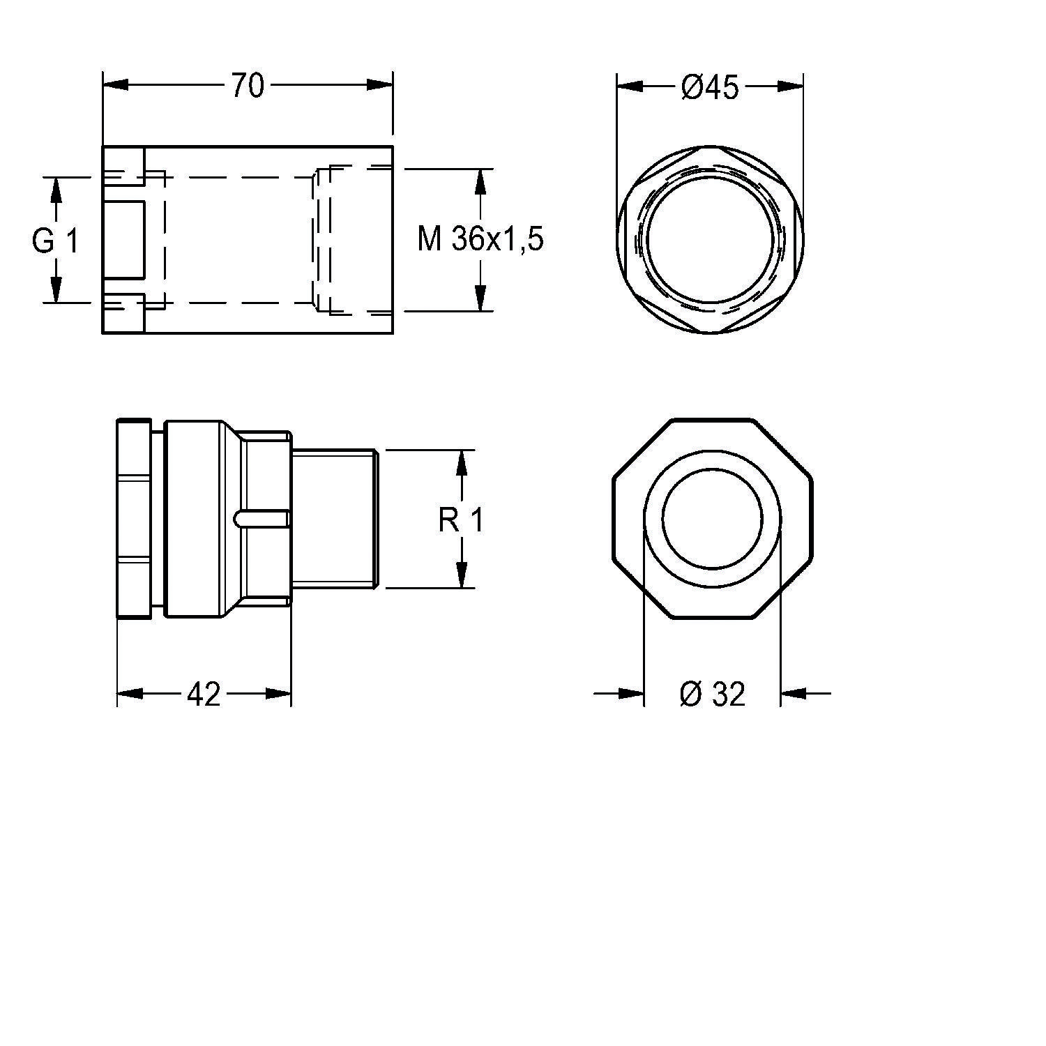 Technische Zeichnung einer zylindrischen mechanischen Komponente mit Abmessungen: Länge 70 mm, Breite 42 mm, Außendurchmesser 45 mm, und Gewindeabschnitte gekennzeichnet mit G1 und M36x1,5.