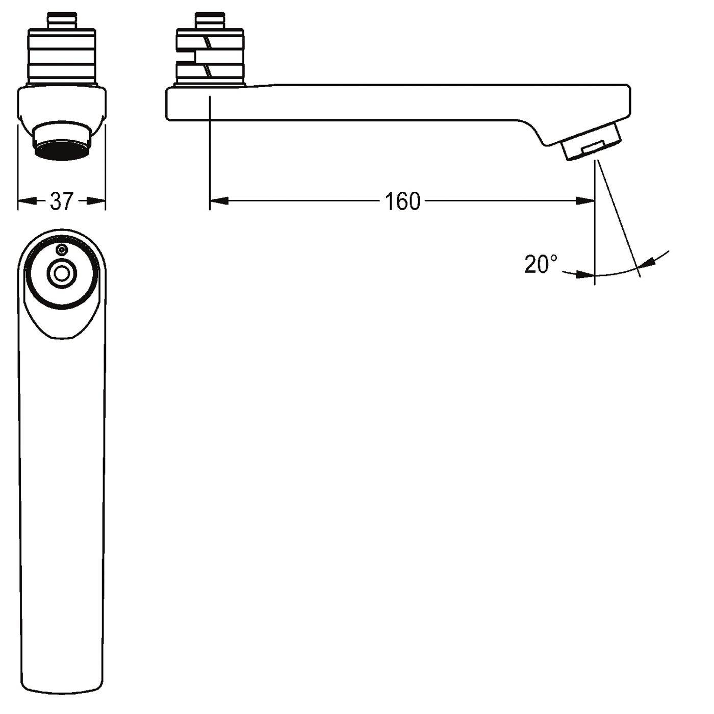 Technische Maßstabszeichnung eines zylindrischen Bauteils mit Seiten- und Vorderansicht, beschriftet mit 37 mm Breite, 160 mm Länge und 20° geneigtem Ende.