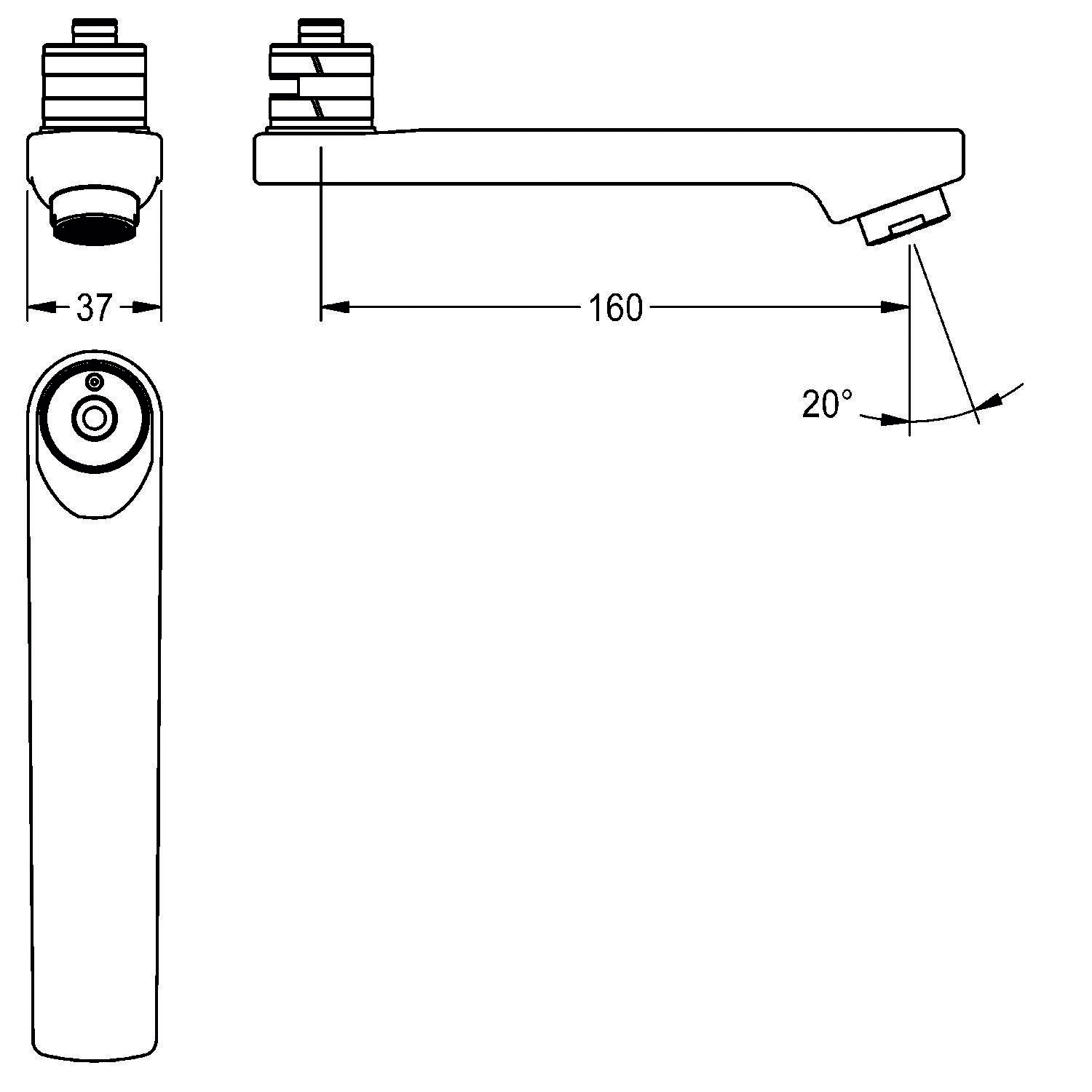 Eine technische Zeichnung eines Wasserhahnaustritts mit den Abmessungen: 37 mm Breite, 160 mm Länge und einem Winkel von 20 Grad.
