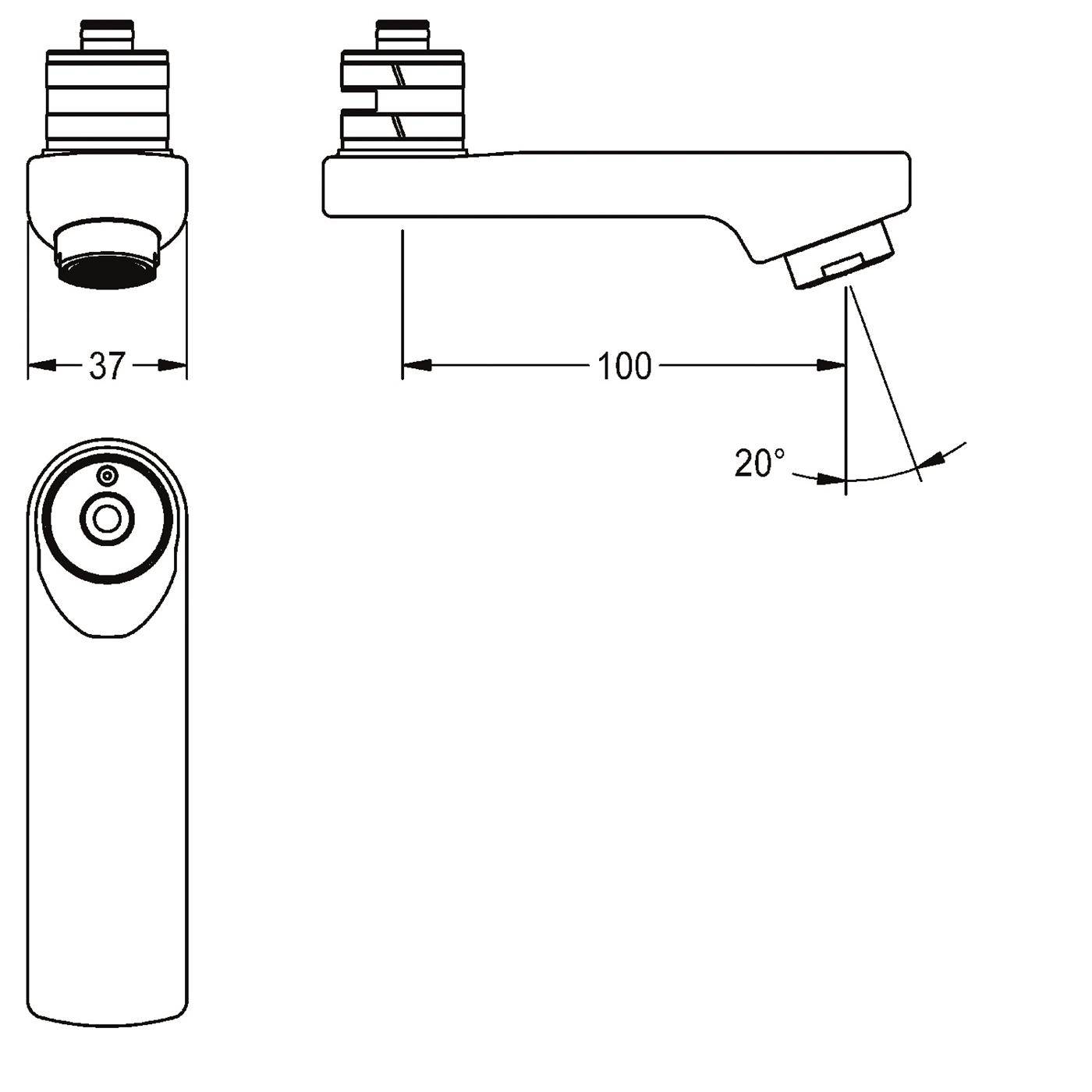 Technische Zeichnung eines Wasserhahns mit Vorder- und Seitenansicht mit Abmessungen 37 mm und 100 mm sowie einem 20° nach unten gerichteten Auslasswinkel.