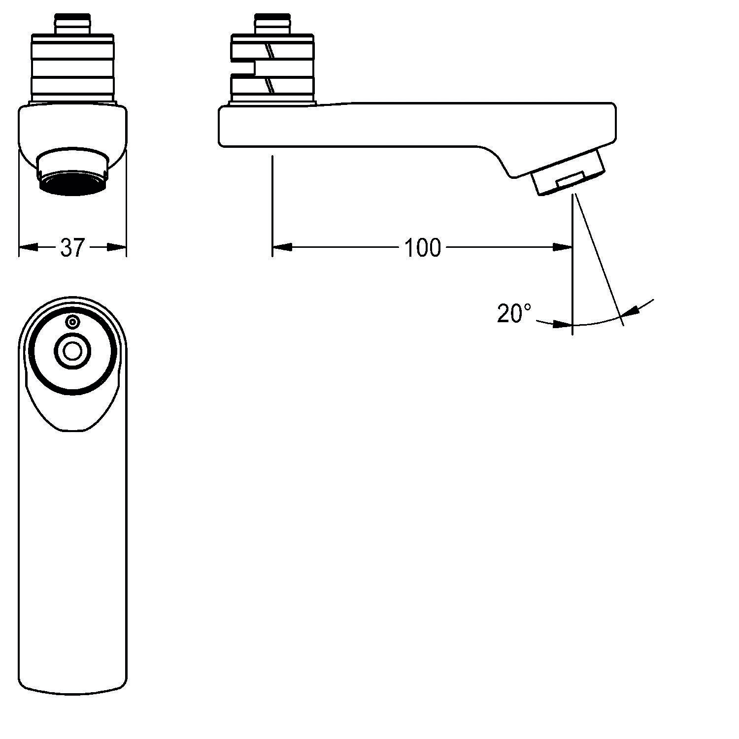 Technische Skizze eines Wasserhahns, die Abmessungen zeigt: Höhe 37 mm, Auslauflänge 100 mm und Wasserauslaufwinkel 20 Grad.
