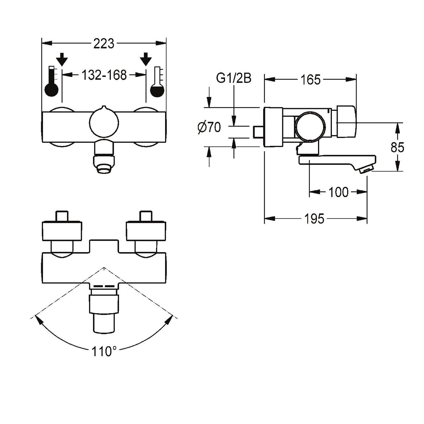 Technische Maßzeichnung eines Badezimmerwasserhahns/Mischers mit Front-, Seiten- und Unteransicht mit Abmessungen und einem Schwenkbereich von 110°.