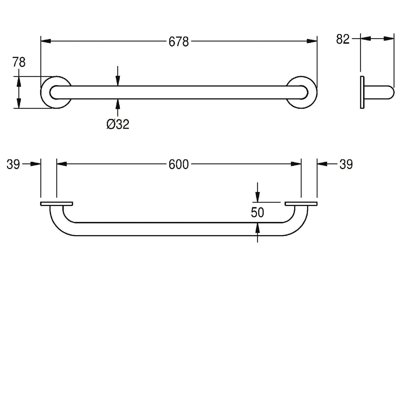 Technische Zeichnung einer geraden röhrenförmigen Haltestange mit runden Befestigungsplatten; die angegebenen Abmessungen umfassen eine Gesamtlänge von 678 mm, eine Mittellänge von 600 mm, einen Durchmesser von 32 mm, eine Höhe von 78 mm und eine Tiefe von 82 mm.
