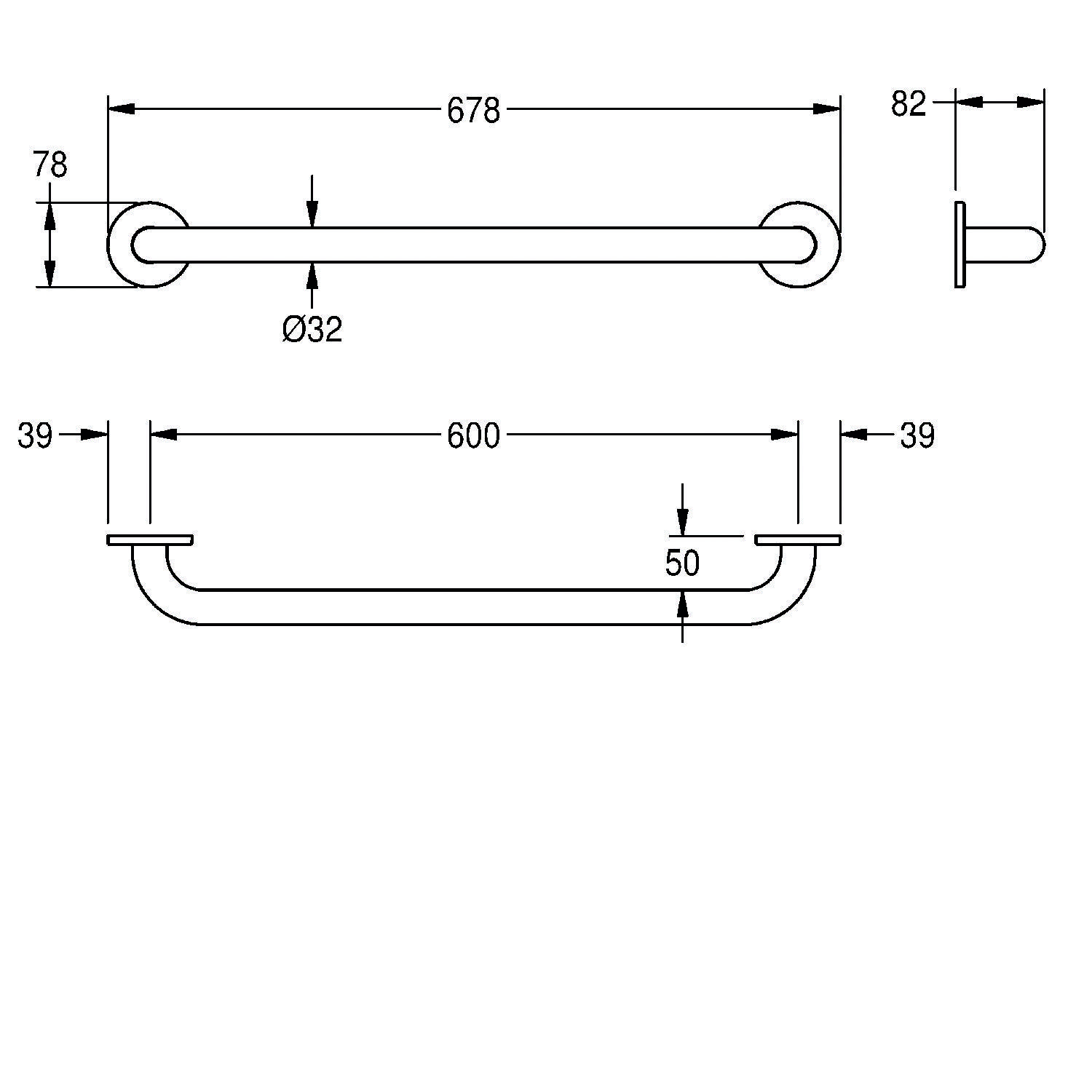 Diagramm einer Handtuchstange mit Maßen: Draufsicht Länge 678 mm, Durchmesser 32 mm; Seitenansicht Länge 600 mm, Tiefe 50 mm, Halterungen je 39 mm.