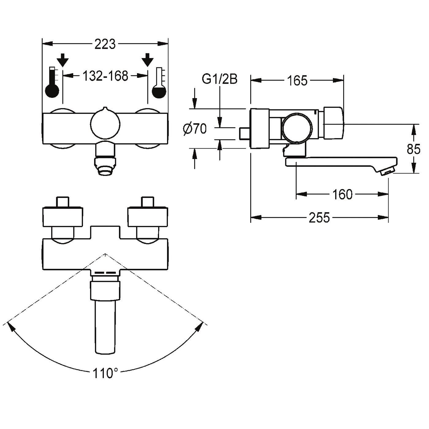 Technische Zeichnung eines wandmontierten Wasserhahns/Ventils mit gemessenen Abmessungen, einschließlich einer Breite von 223 mm, Längen von 165 mm und 255 mm sowie einem Schwenkbereich von 110°.