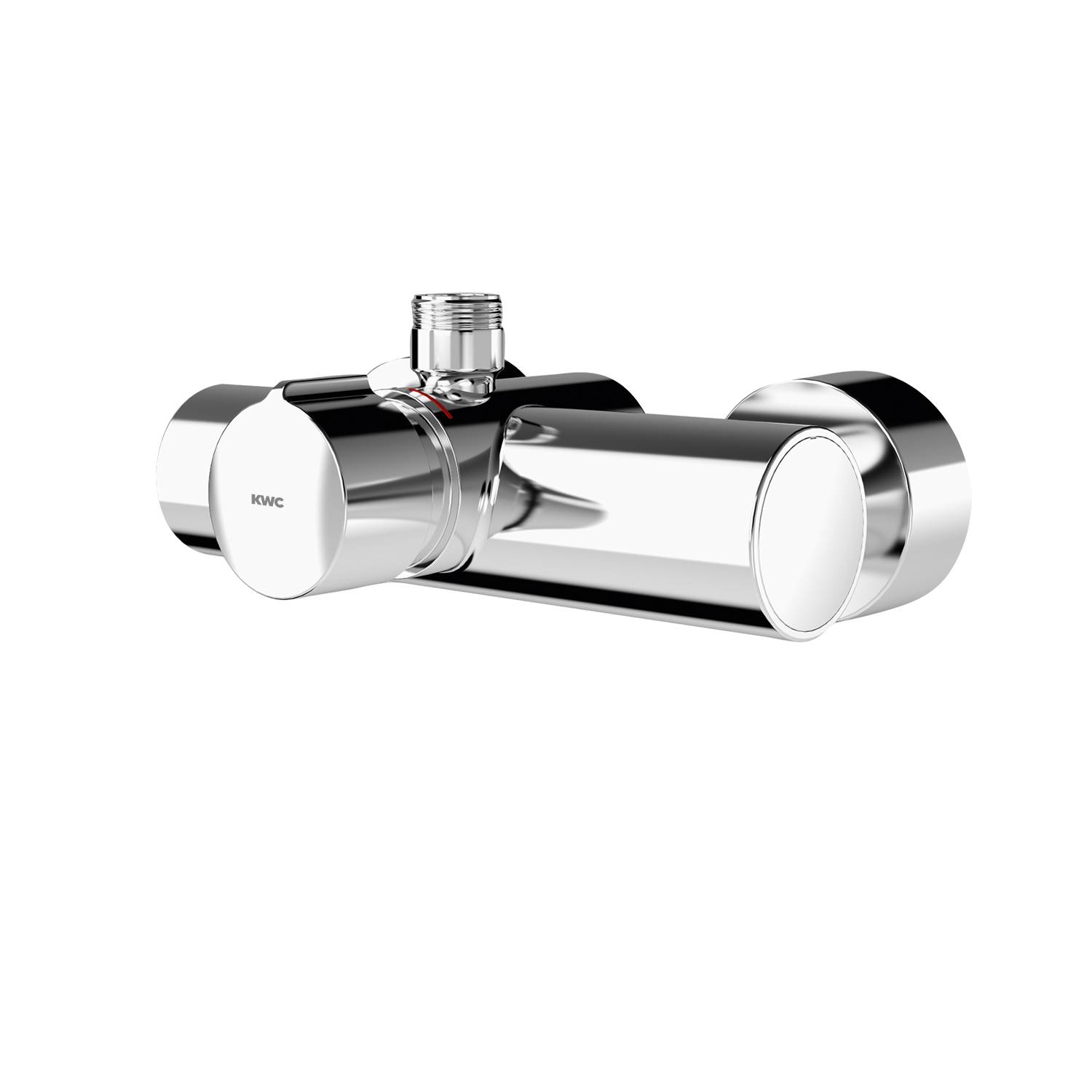 Ein modernes, verchromtes Duschventil vor einem schwarzen Hintergrund mit einem einzelnen Kontrollknopf oben zur Regulierung des Wasserflusses.