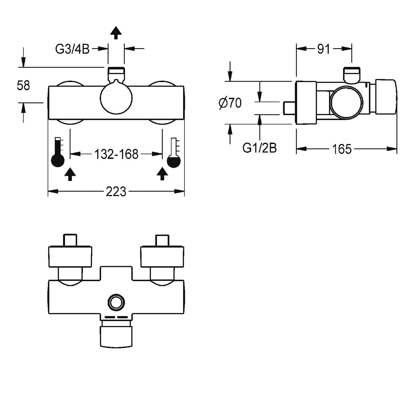 Technische Maßstabzeichnung einer wandmontierten Ventil-/Armatureneinheit mit Vorder-, Seiten- und Unteransicht, die Montage- und Anschlussgrößen zeigt: G3/4B, G1/2B, 223, 165, 91, 58, 132-168 und Ø70.