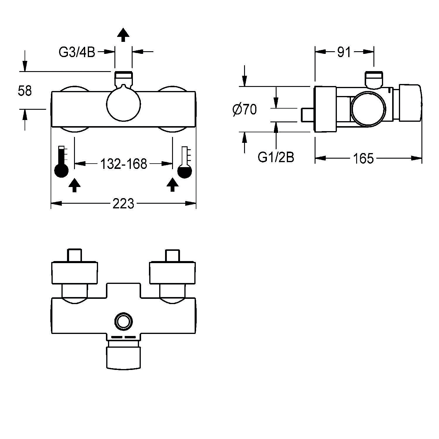 Technische Zeichnung eines Duscharmaturventils mit Maßangaben: Höhe 58 mm, Breite 223 mm, Tiefe 165 mm. Anschlussgrößen G3/4B und G1/2B.