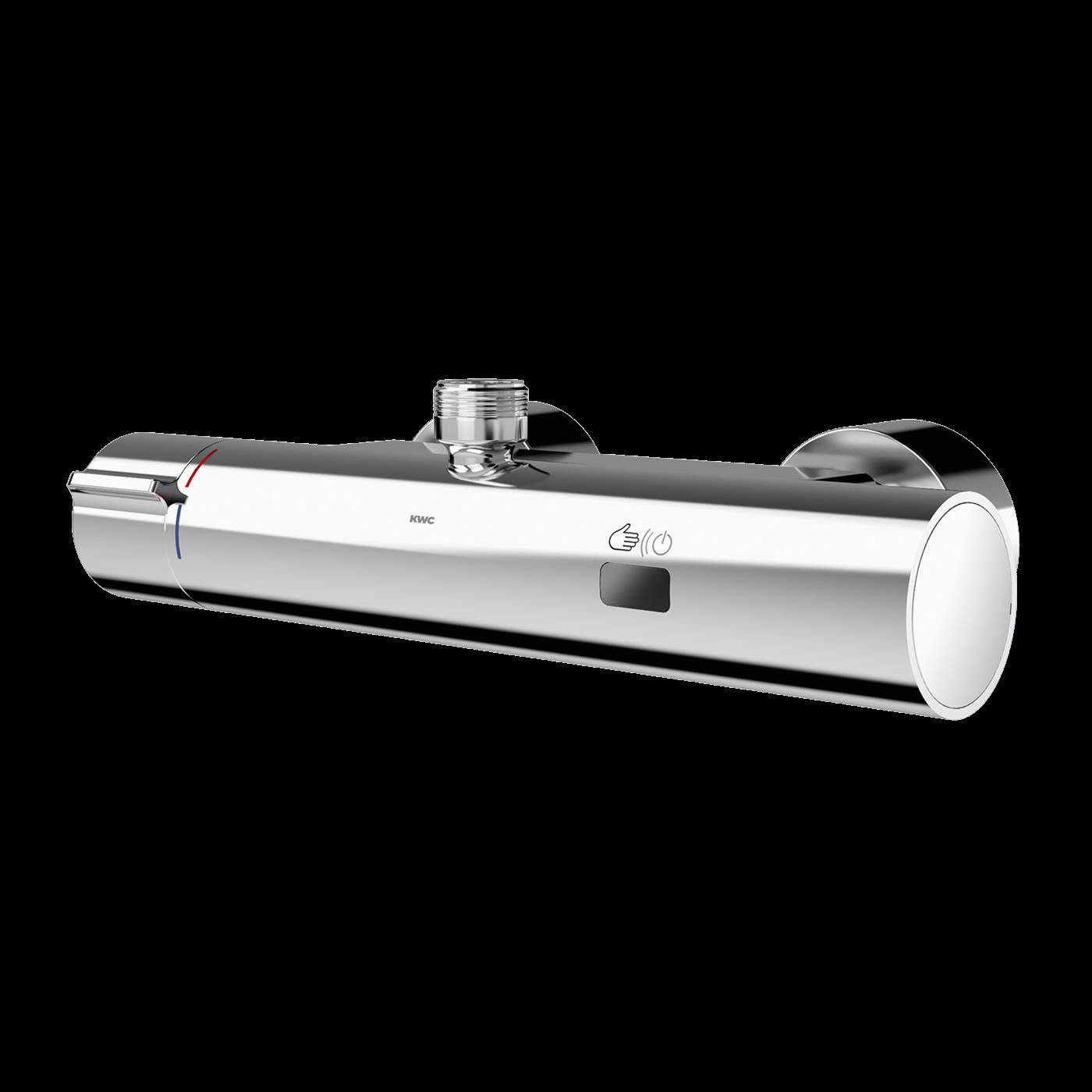 Chrom-Wandthermostatic-Brausemischventil mit zylindrischem Körper, zentralem Auslass und Warm-/Kalttemperaturmarkierungen am linken Ende