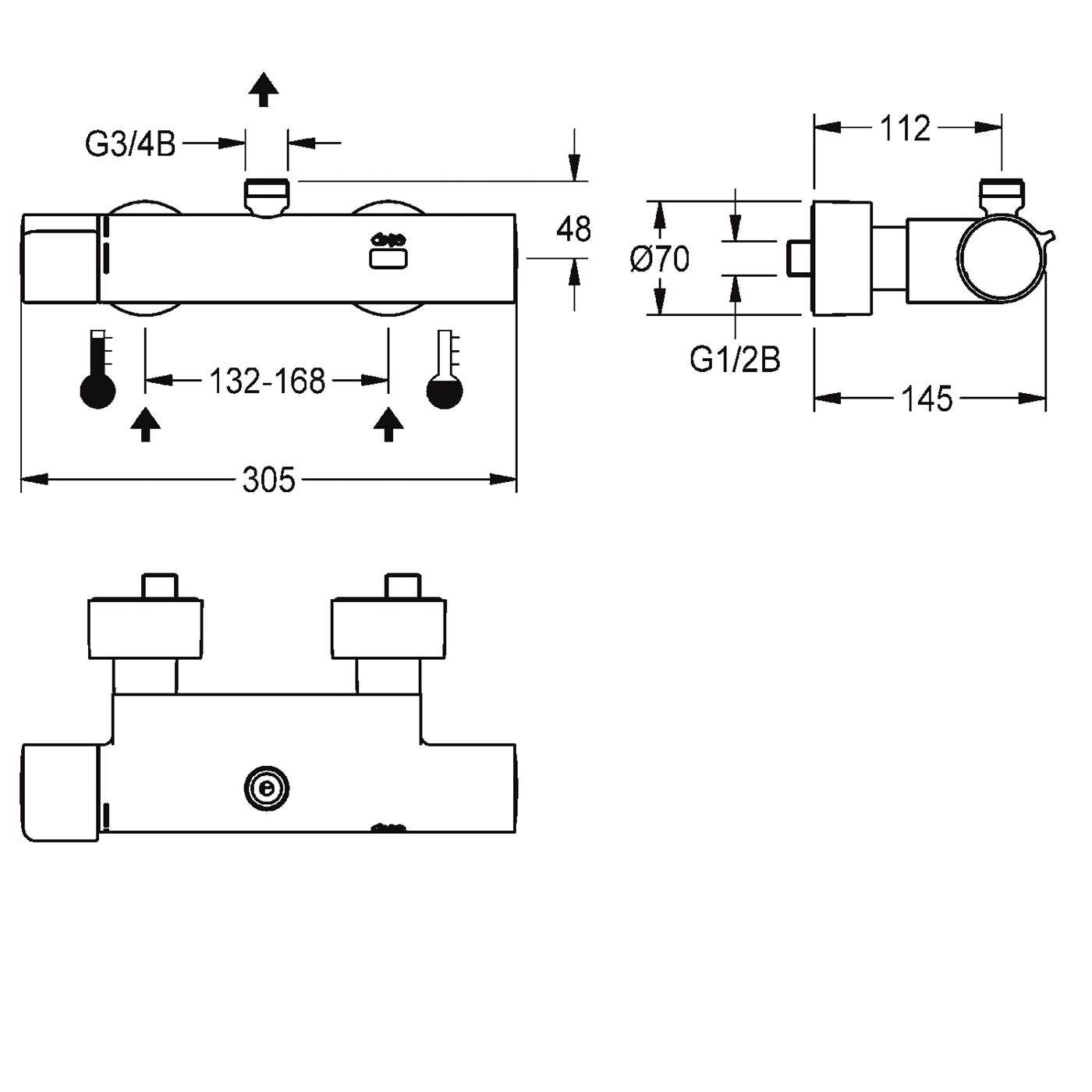 Technische Maßzeichnung eines Duscharmaturenventils mit Vorder-, Seiten- und Draufsicht mit Abmessungen und Anschlussgrößen G3/4B und G1/2B.