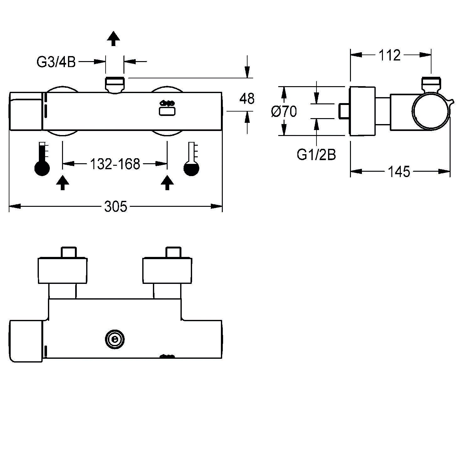 Technische Zeichnung eines Wandarmaturs, mit Abmessungen und Ventilpositionen, einschließlich G3/4B- und G1/2B-Anschlüssen.