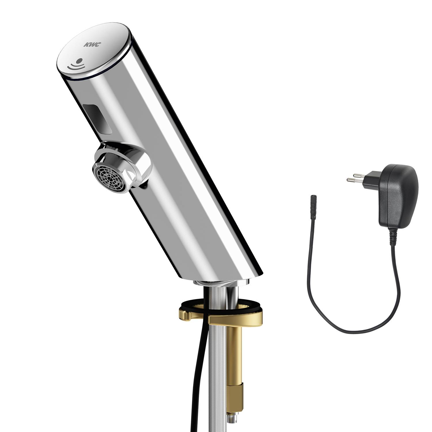 Eine schlanke, verchromte Automatik-Sensor-Armatur mit einer markanten Auslaufgestaltung und angeschlossenem Elektrostecker, vor einem schwarzen Hintergrund.