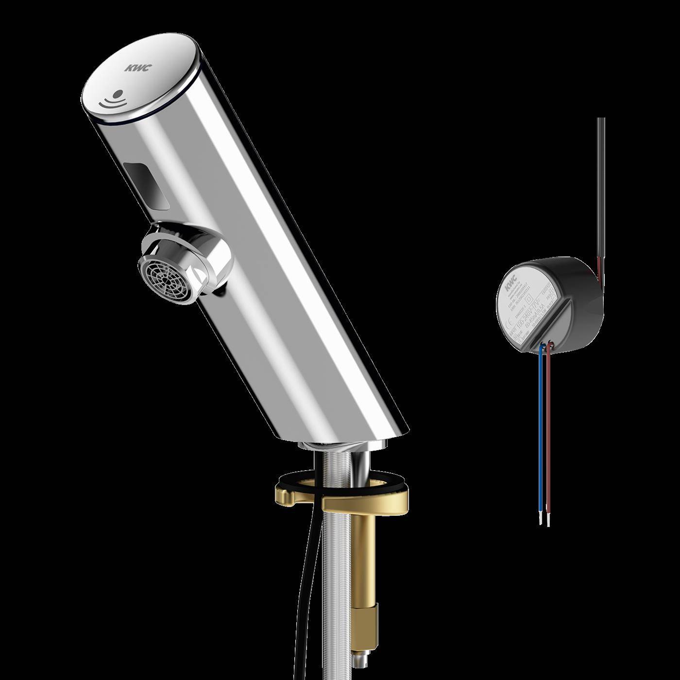 Chrome-Sensor-Wasserhahn und Ventilbaugruppe in automatischer Ausführung, dargestellt in der Produktansicht auf schwarzem Hintergrund, mit sichtbaren Verdrahtungen und Montageelementen.