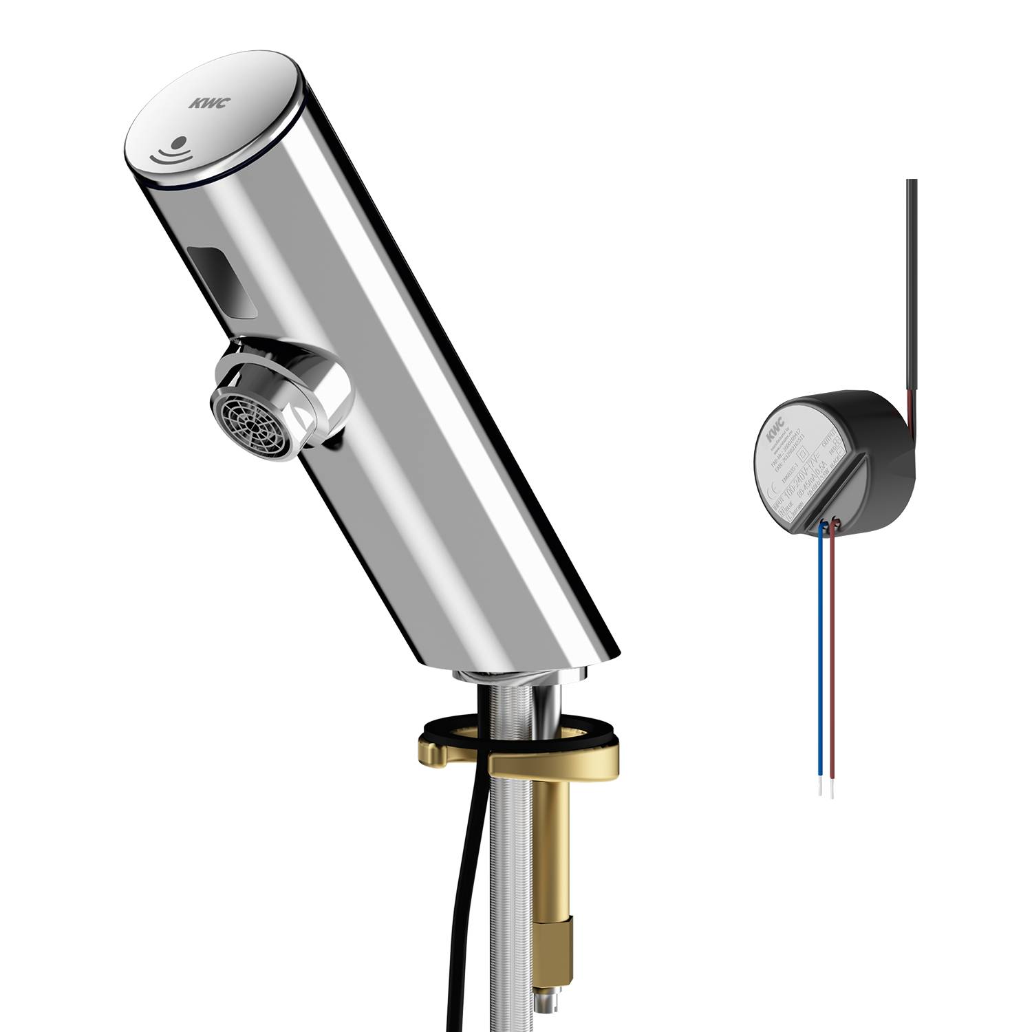 Eine schlanke, moderne Chrom-Armatur mit berührungslosem Sensor, von der Seite gezeigt, inklusive Innenkomponenten. Schwarzer Hintergrund.