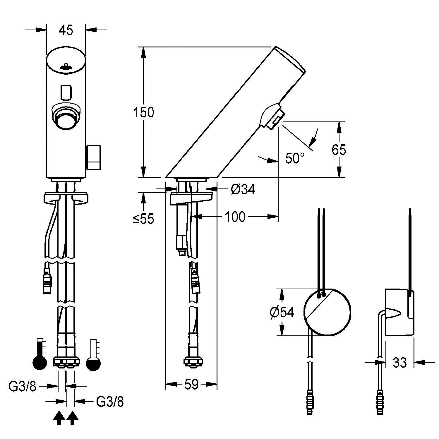Technische Zeichnung eines Wasserhahns, die Seiten- und Frontansicht mit Maßangaben zeigt. Messungen umfassen Winkel, Höhen und Anschlussgrößen.