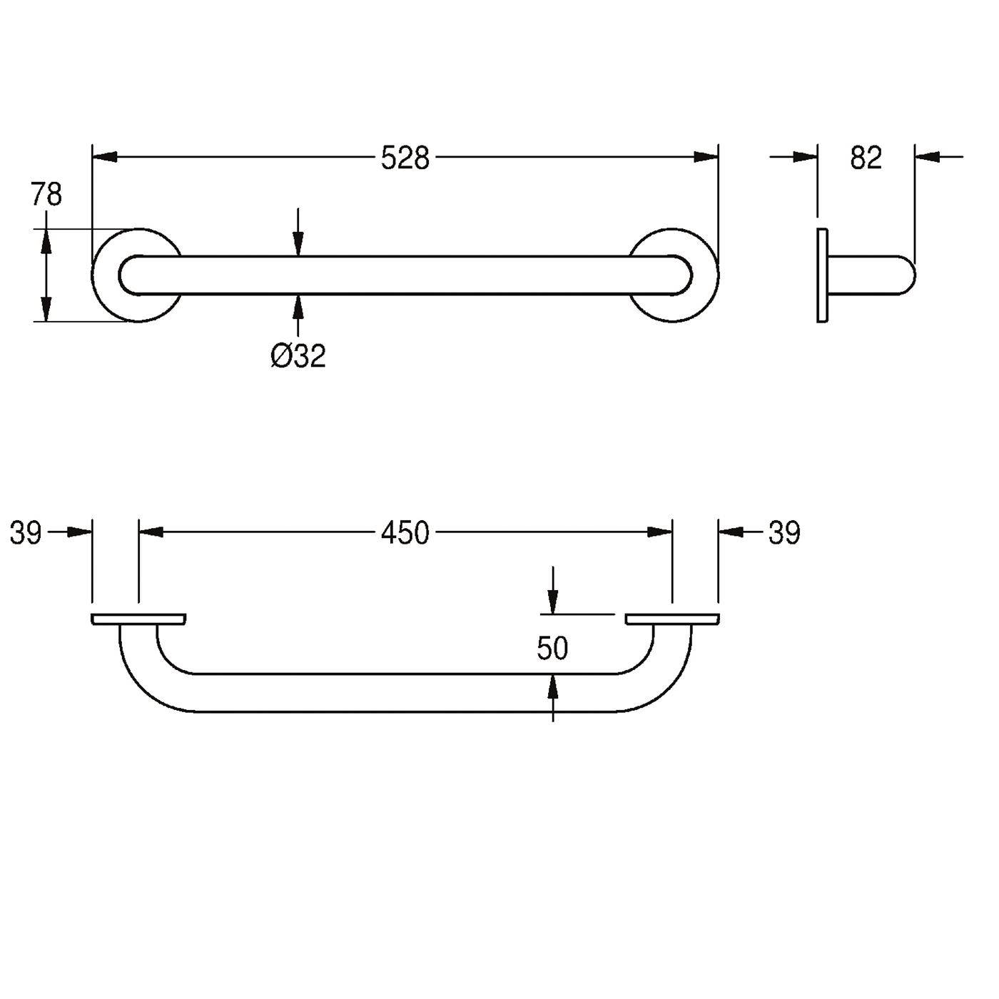 Technische Zeichnung einer Griffstange mit Abmessungen: 528 mm Gesamtlänge, 32 mm Durchmesser, 78 mm Höhe, 82 mm Tiefe und eine zweite Ansicht mit 450 mm Spannweite, 50 mm Anstieg und 39 mm Endversätze.