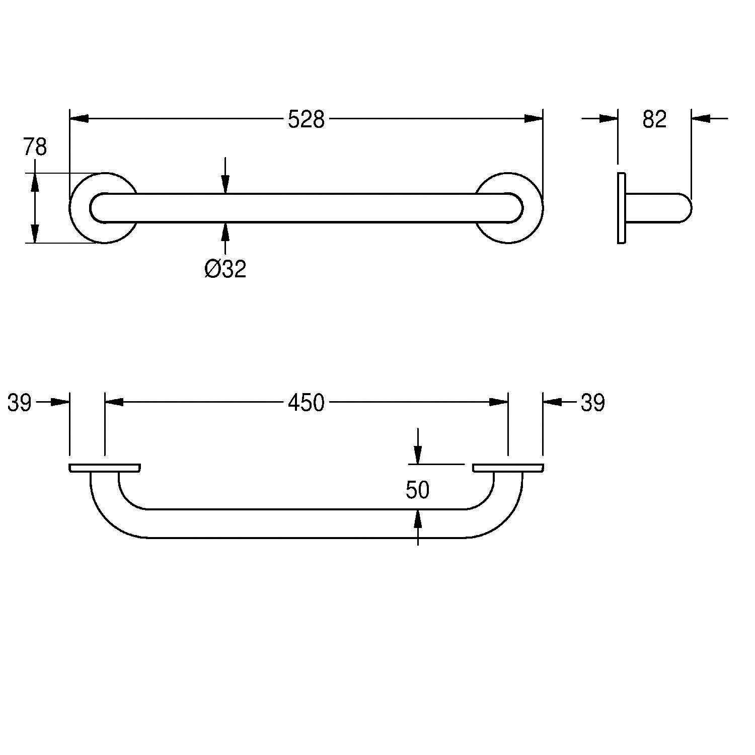 Technische Zeichnung einer gebogenen Haltestange. Abmessungen: 528 mm Länge, 32 mm Durchmesser, 78 mm Höhe an den Enden, 82 mm Tiefe, 450 mm zwischen den Befestigungspunkten.