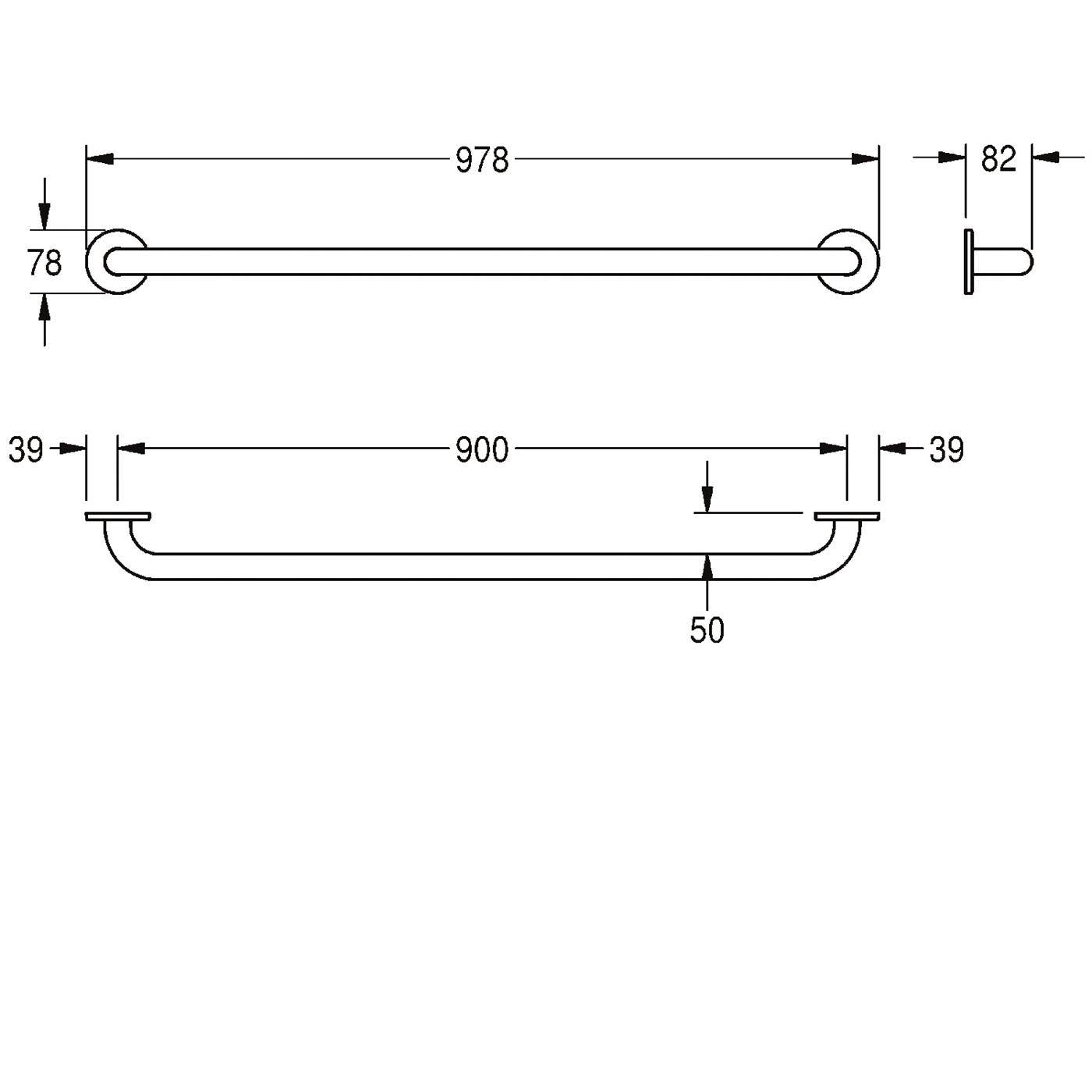 Technische Zeichnung einer geraden Haltestange mit abgerundeten Endbefestigungen, mit folgenden Abmessungen: 978 mm Länge, 78 mm Durchmesser, 82 mm Ausladung, 900 mm Spannweite, 39 mm Befestigungen und 50 mm Versatz.