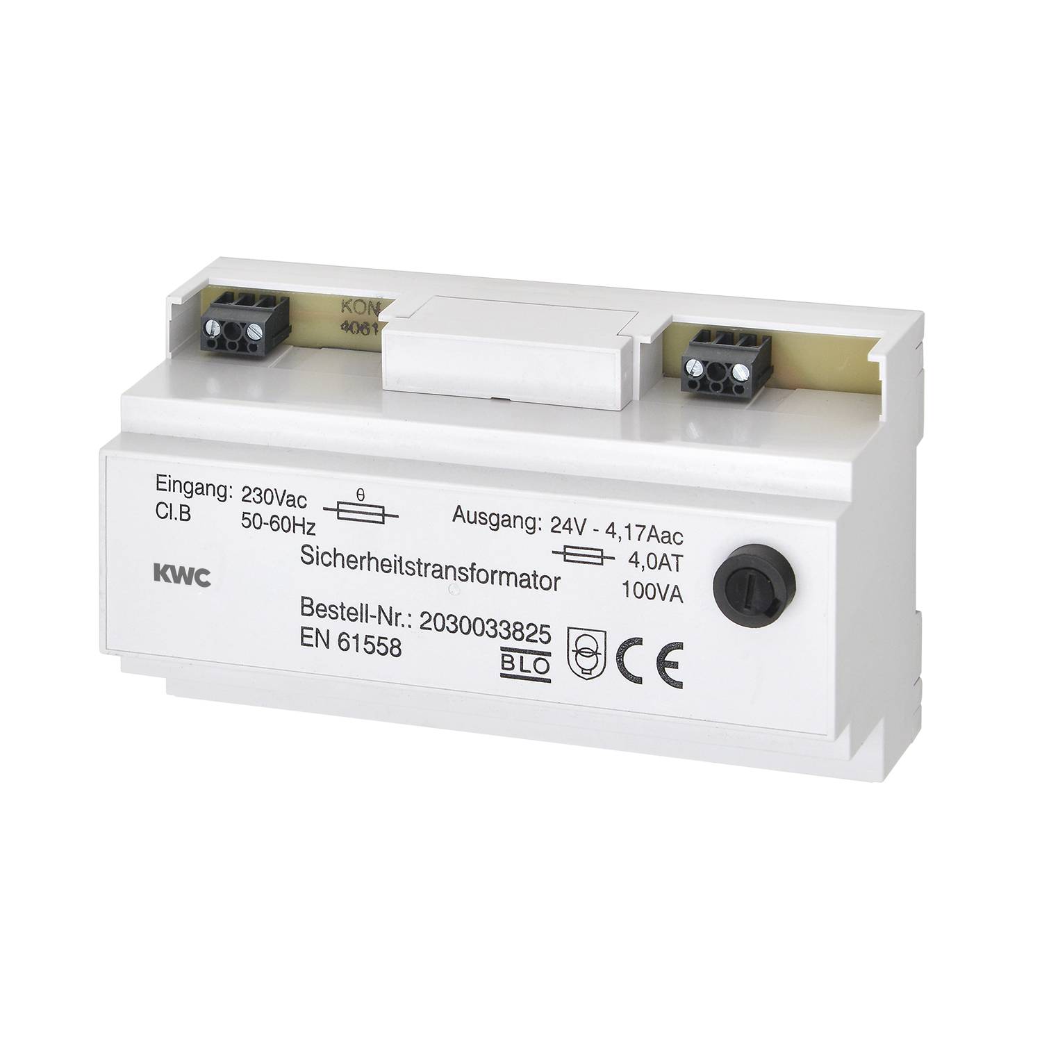 Ein KWC-Sicherheitstransformator mit Eingangsspannung 230 V AC, Ausgangsspannung 24 V - 4,17 A, versehen mit Etiketten für Modellnummer, Zertifizierungen und Normenkonformität.