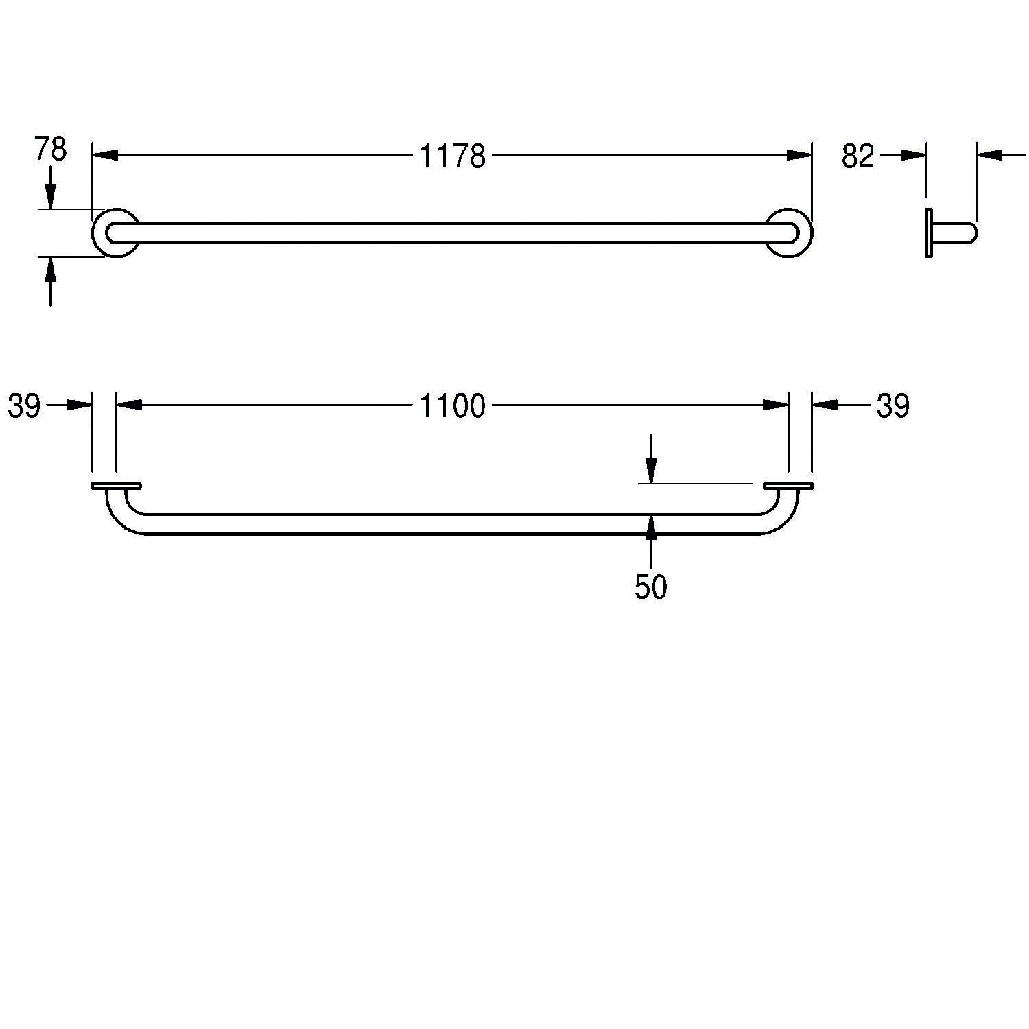 Eine technische Zeichnung, die die Abmessungen eines Badezimmer-Haltegriffs zeigt: Länge 1178 mm, Abstand von der Wand 82 mm und Durchmesser des Griffs 39 mm.