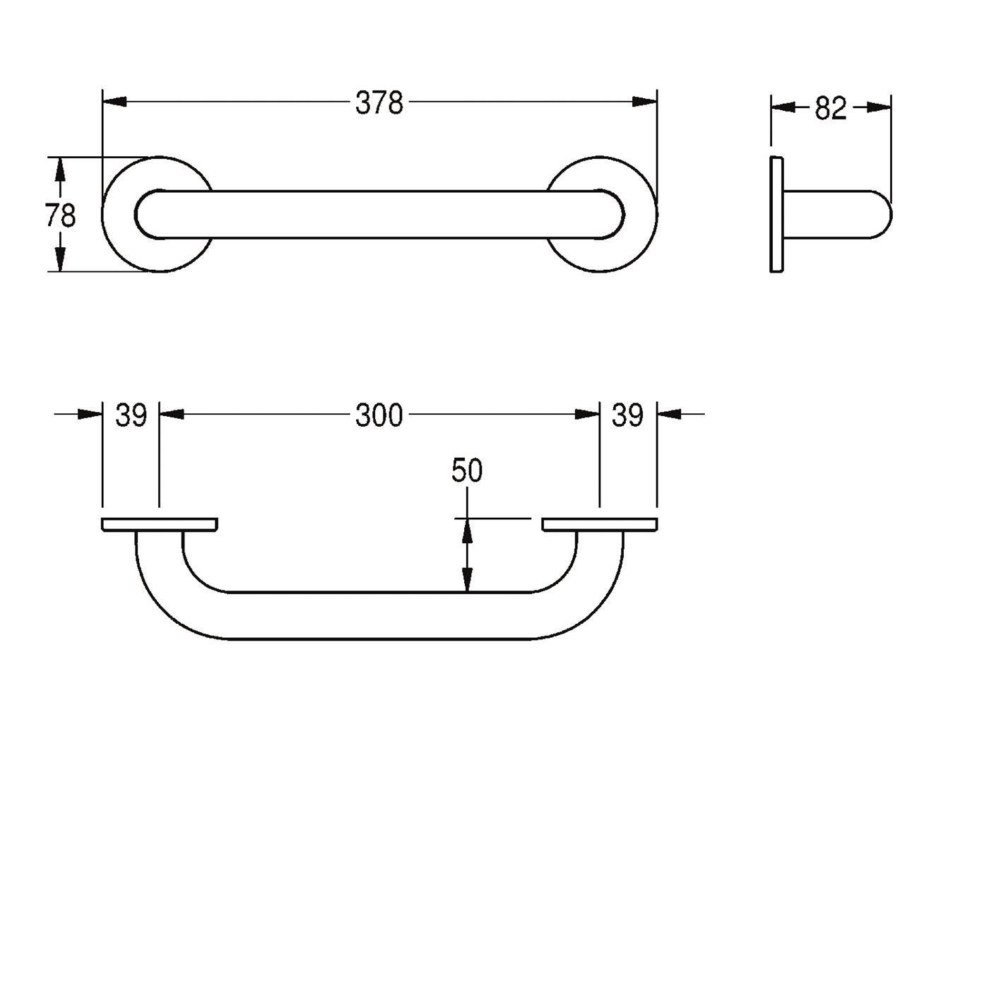 Bemaßte technische Zeichnung einer horizontalen Griff- oder Haltestange mit zwei runden Befestigungen, dargestellt in Front- und Seitenansicht; Längen 378 mm und 82 mm, Höhe 78 mm und U-förmiges Profil 300 mm breit mal 50 mm tief.