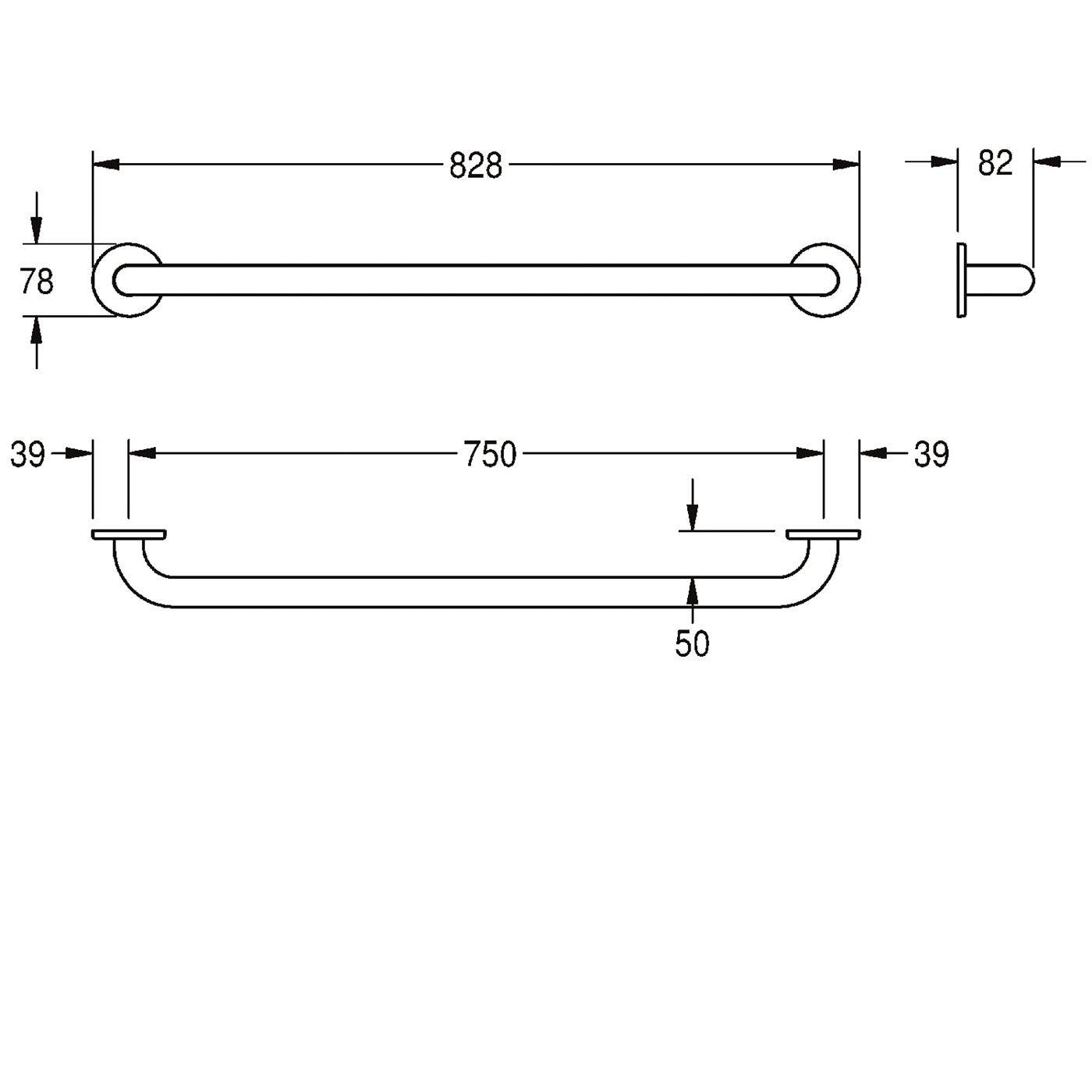 Technische Zeichnung einer U-förmigen Haltestange mit Abmessungen: 828 mm Gesamtlänge, 78 mm Höhe, 82 mm Vorsprung, 750 mm Spannweite und 50 mm Absenkung.