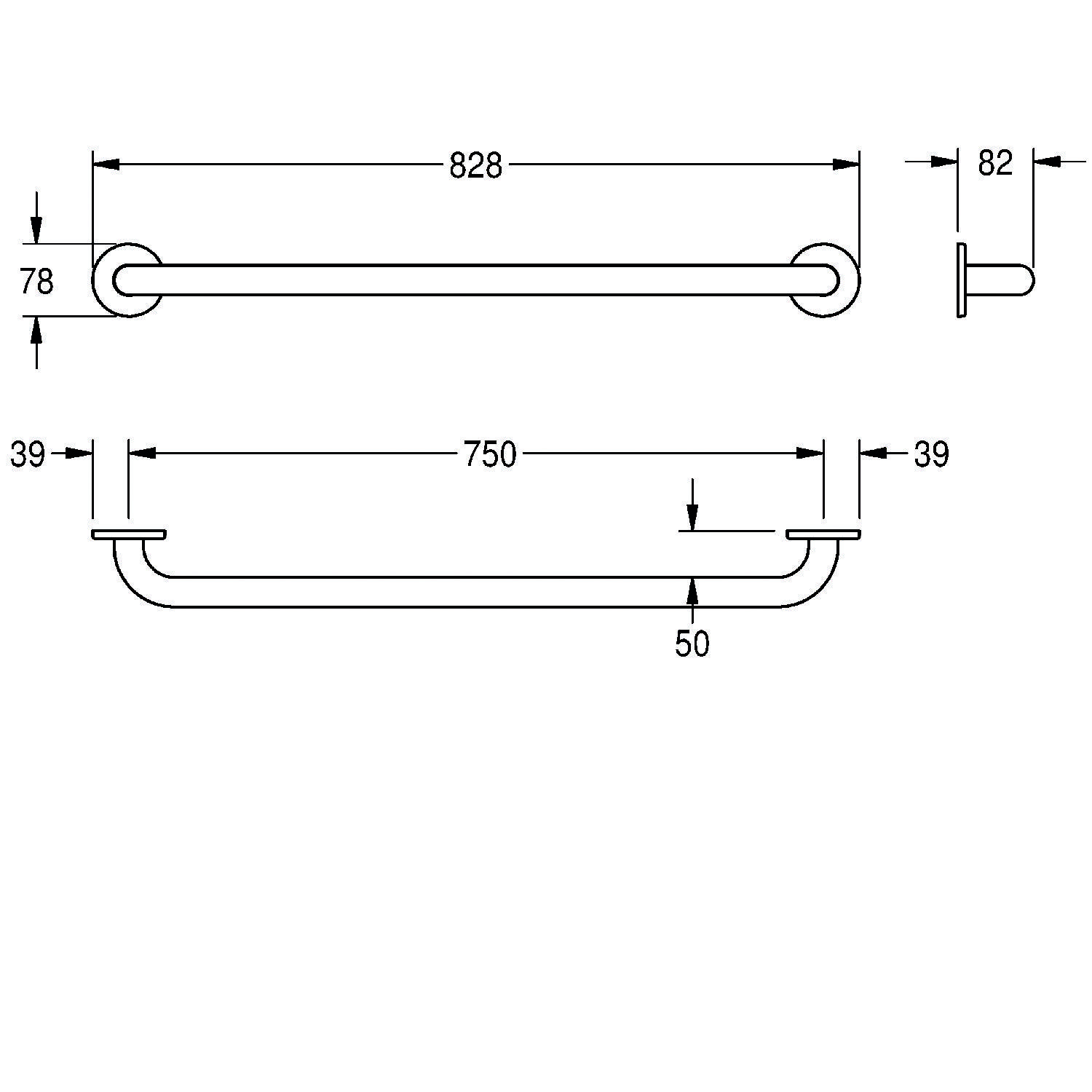Diagramm einer Handtuchstange und eines Haken mit Maßangaben: Stangenlänge 828 mm und 750 mm zwischen den Befestigungen; Hakenauskragung 82 mm.