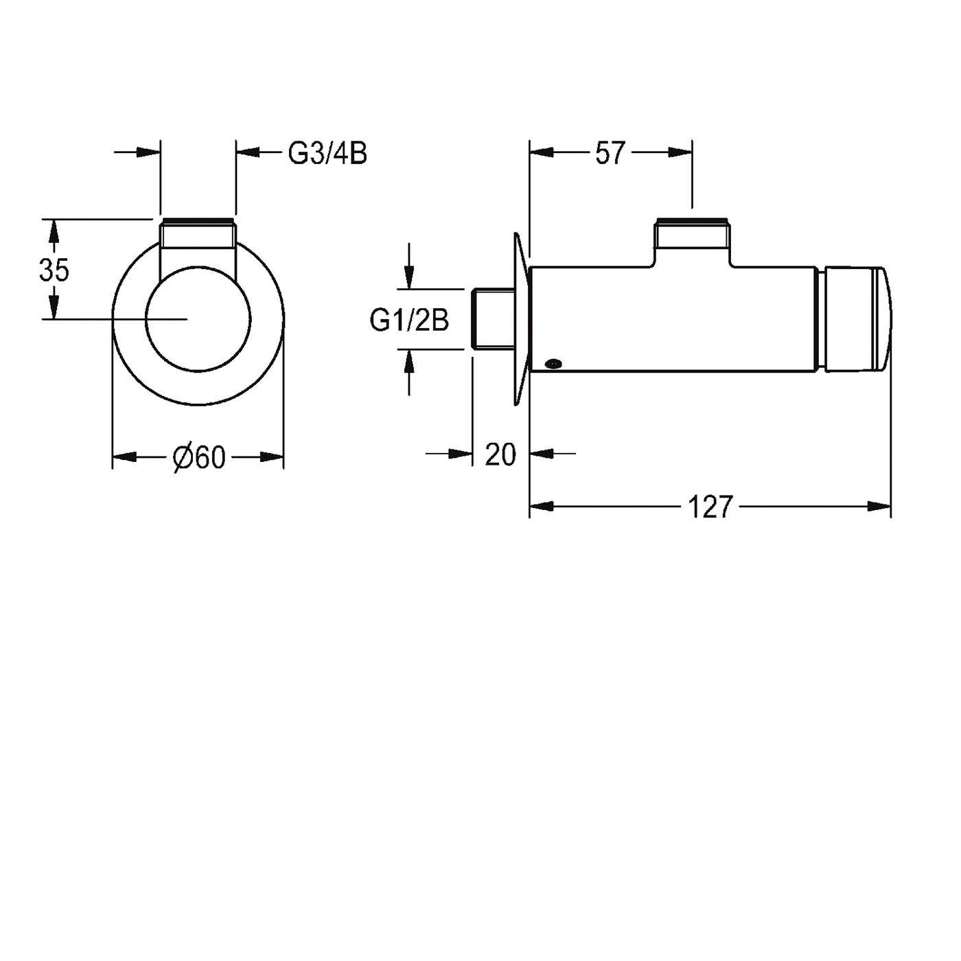 Bemaßte technische Zeichnung einer zylindrischen Verschraubung mit Vorder- und Seitenansicht sowie Gewindekennzeichnungen G3/4B und G1/2B und Abmessungen 35, 57, 20, 127 und Ø60.