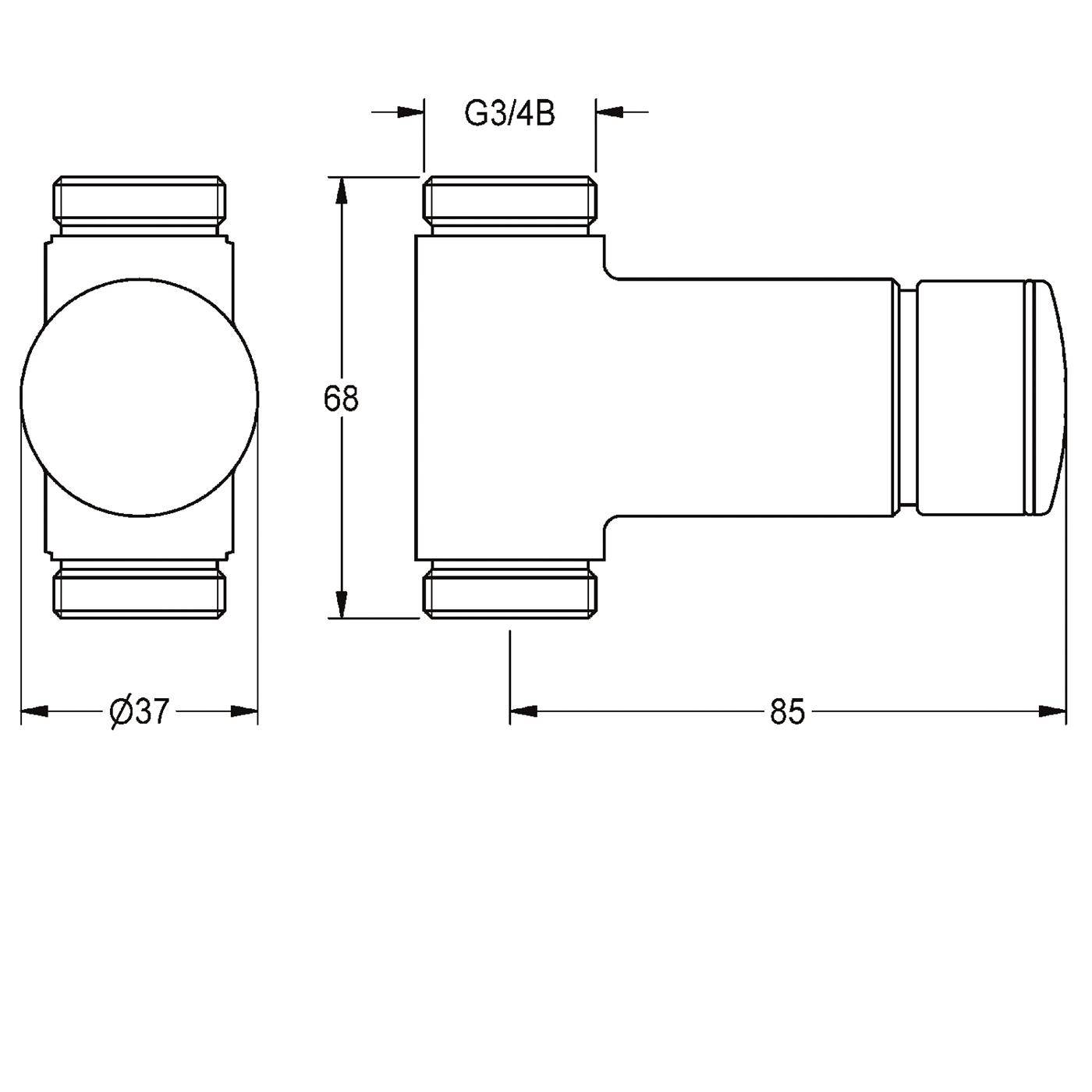 Technische Zeichnung einer Rohrarmatur mit Seiten- und Vorderansicht, gekennzeichnet G3/4B, 68 mm hoch, 85 mm lang und 37 mm Durchmesser.