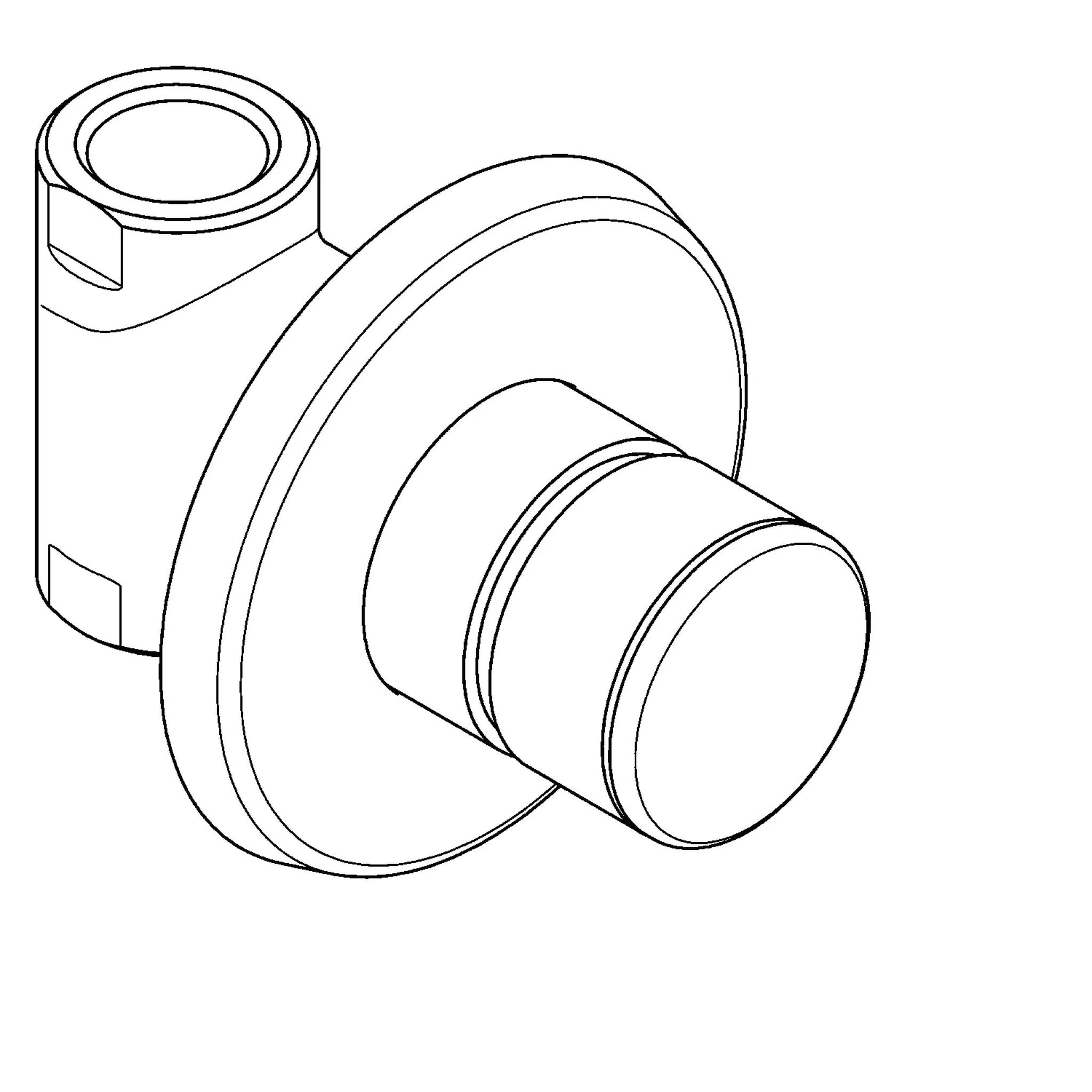 Linienzeichnung eines zylindrischen mechanischen Bauteils mit einem großen kreisförmigen Flansch und zwei vorstehenden Rohren, in perspektivischer Ansicht dargestellt.