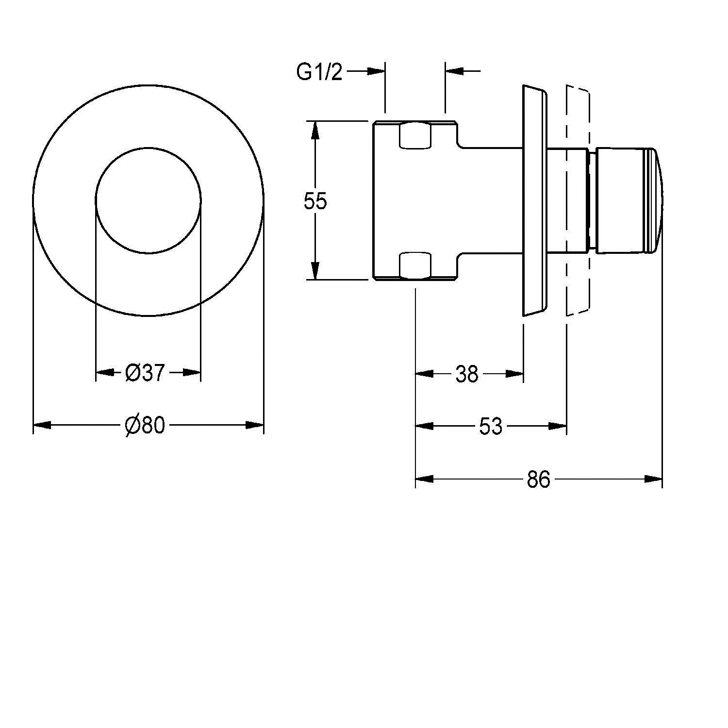 Technische Zeichnung einer Wandhalterung zeigt Abmessungen: Äußerer Kreis Ø80mm, innerer Kreis Ø37mm, Gesamttiefe 86mm, mit G1/2-Anschluss.
