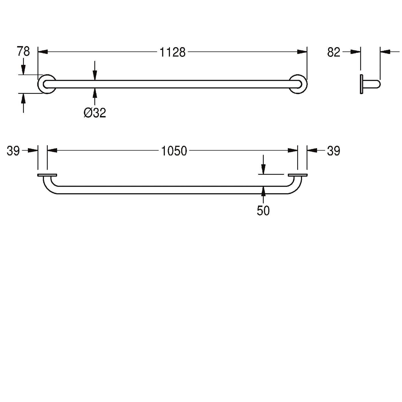 Technische Zeichnung einer geraden Haltestange mit Schlaufenenden, mit den Abmessungen 1128 mm Gesamtlänge, 32 mm Durchmesser und 1050 mm Spannweite mit 50 mm Versatz.